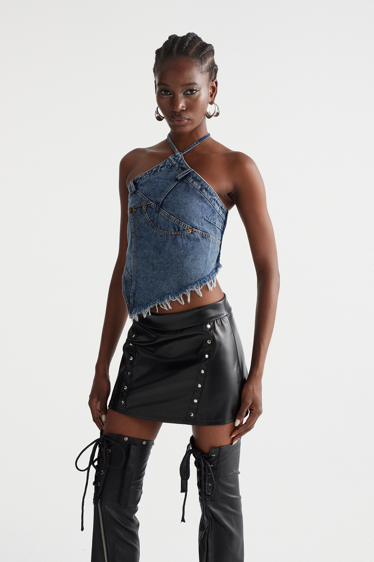 Inara Halter Neck Fringe Denim Top