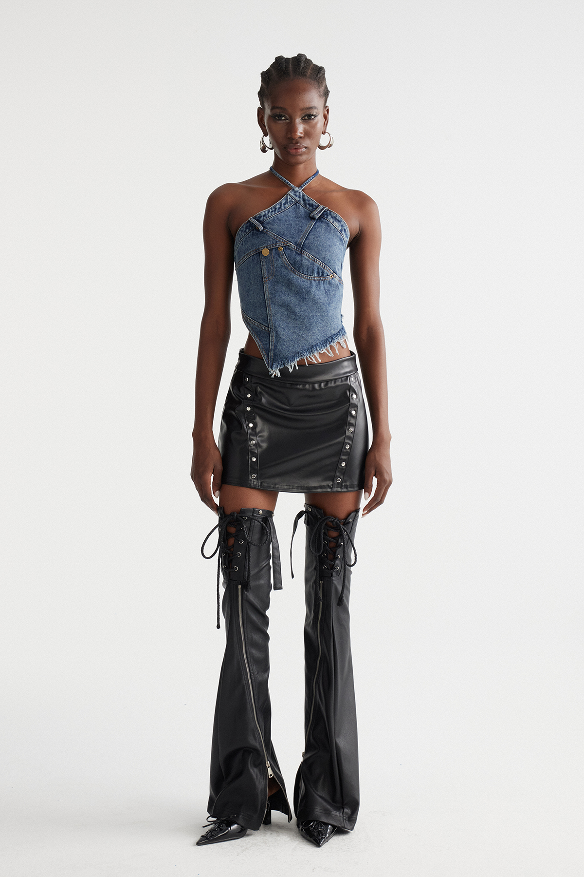 Inara Halter Neck Fringe Denim Top