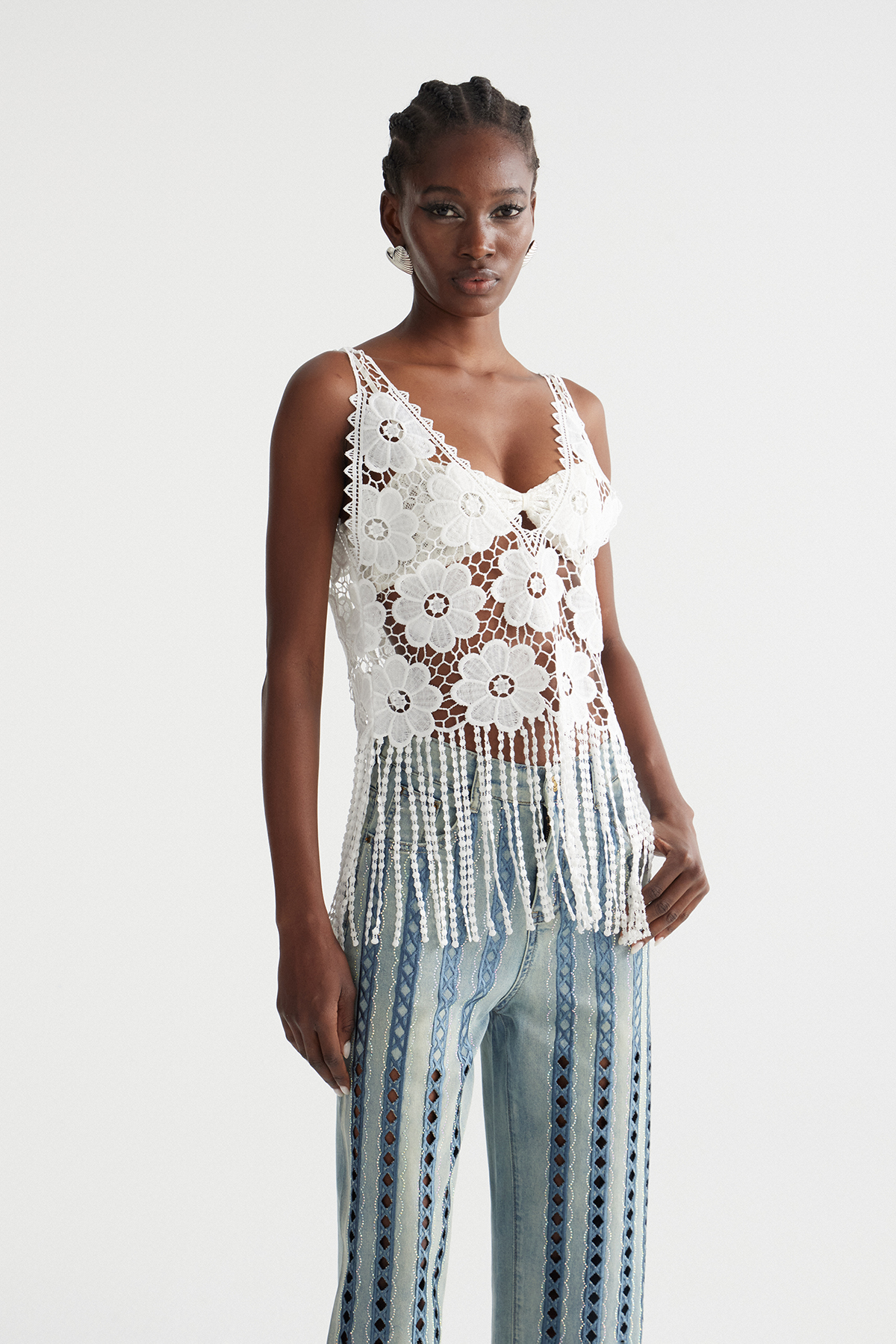 Inas Plunge Cutout Fringe Top