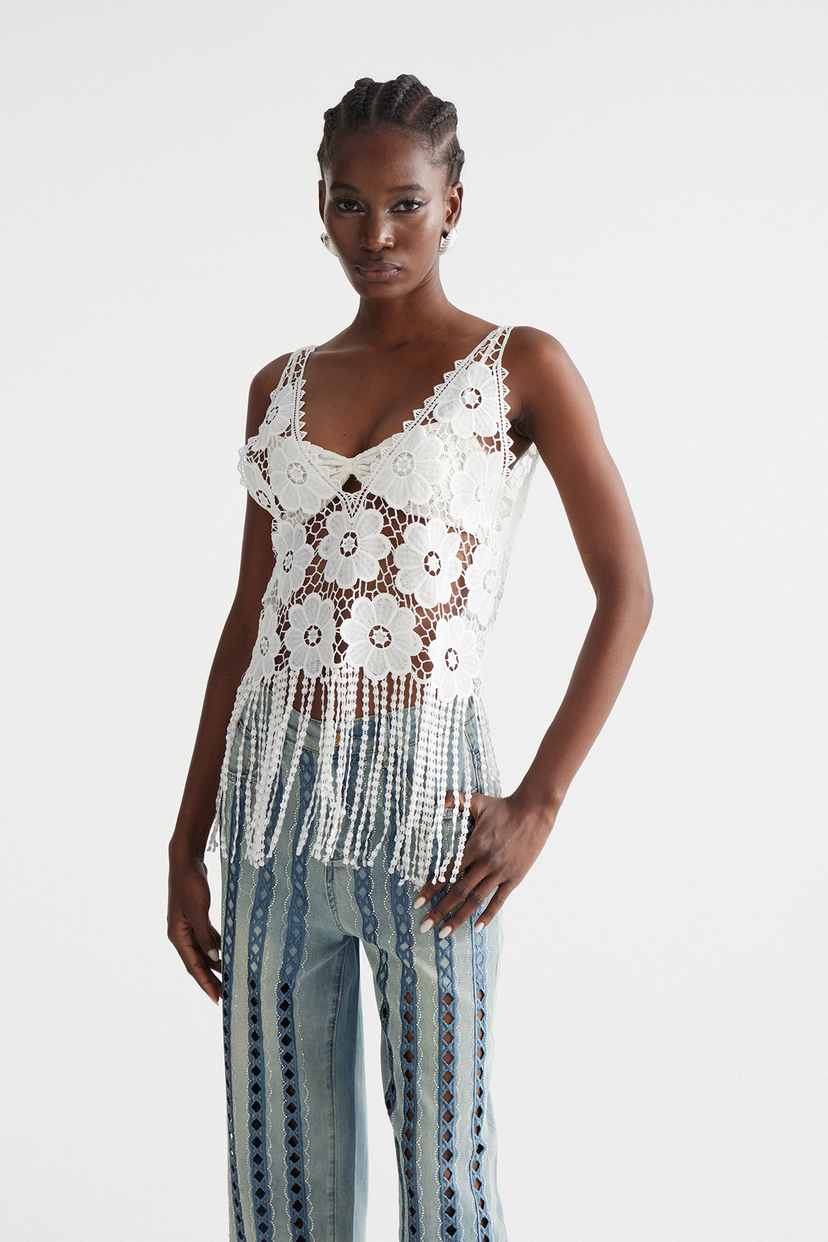 Inas Plunge Cutout Fringe Top