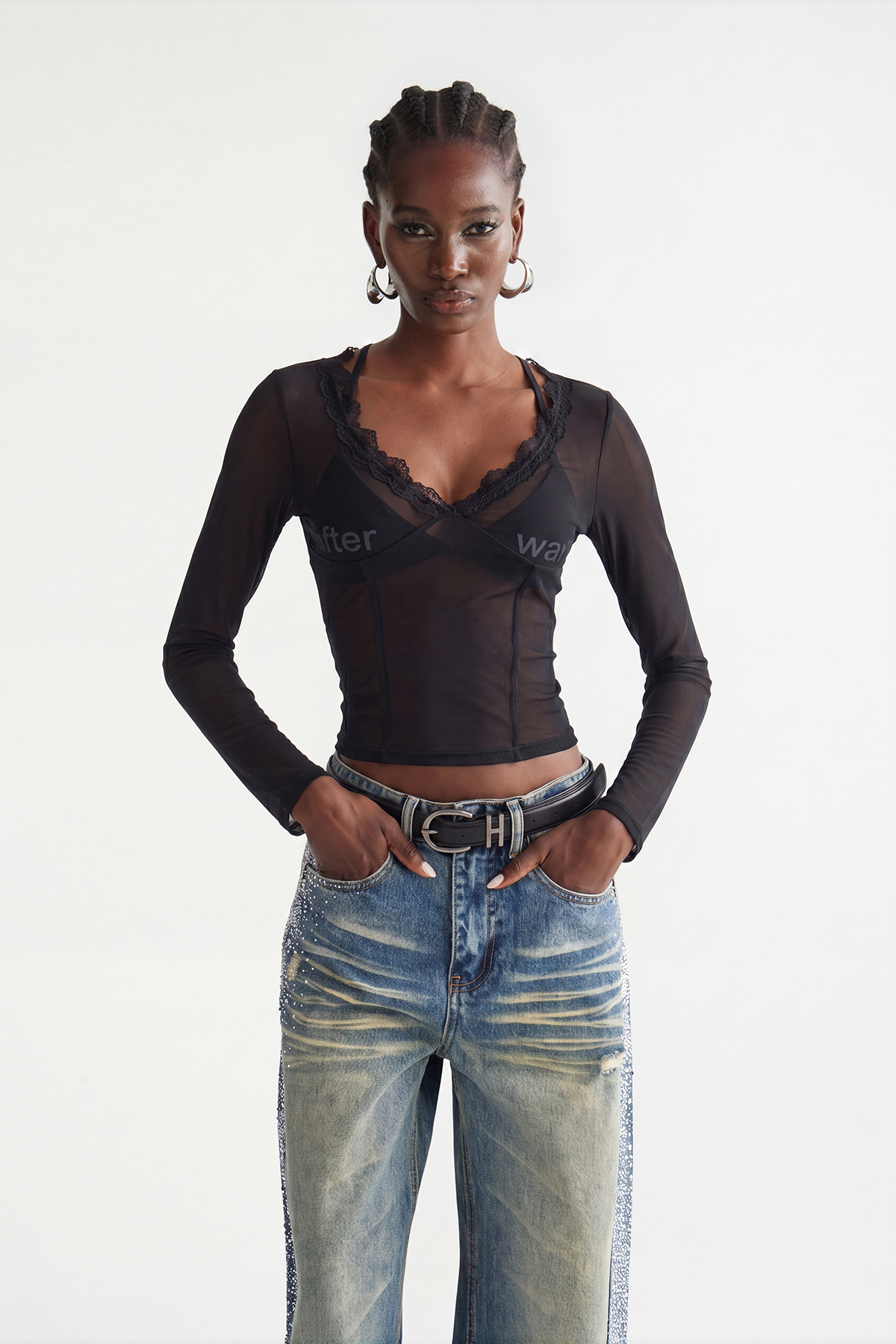 Inayah Long Sleeve Mesh Top In Black