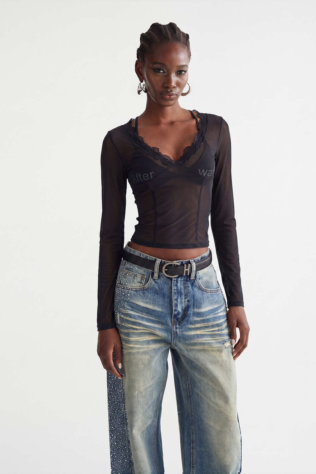 Inayah Long Sleeve Mesh Top In Black