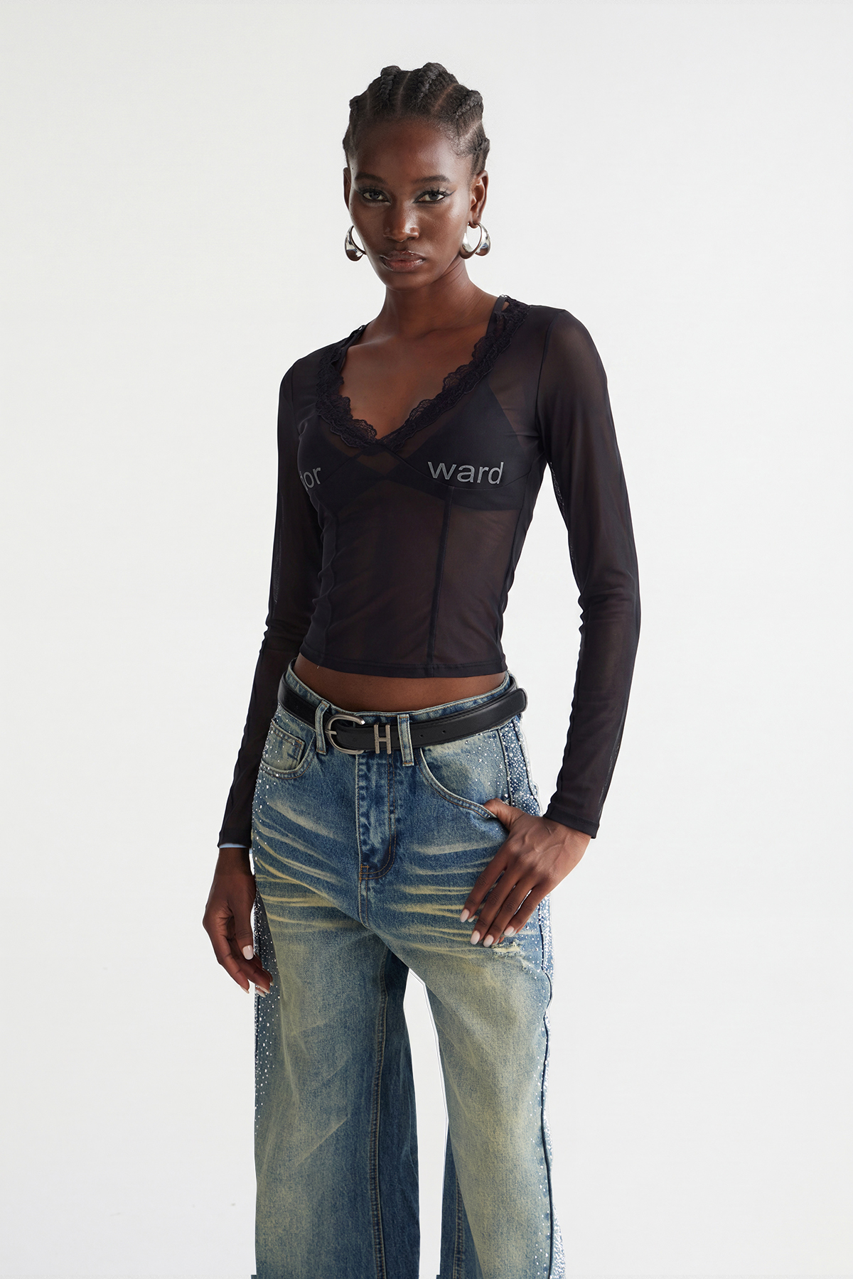 Inayah Long Sleeve Mesh Top In Black