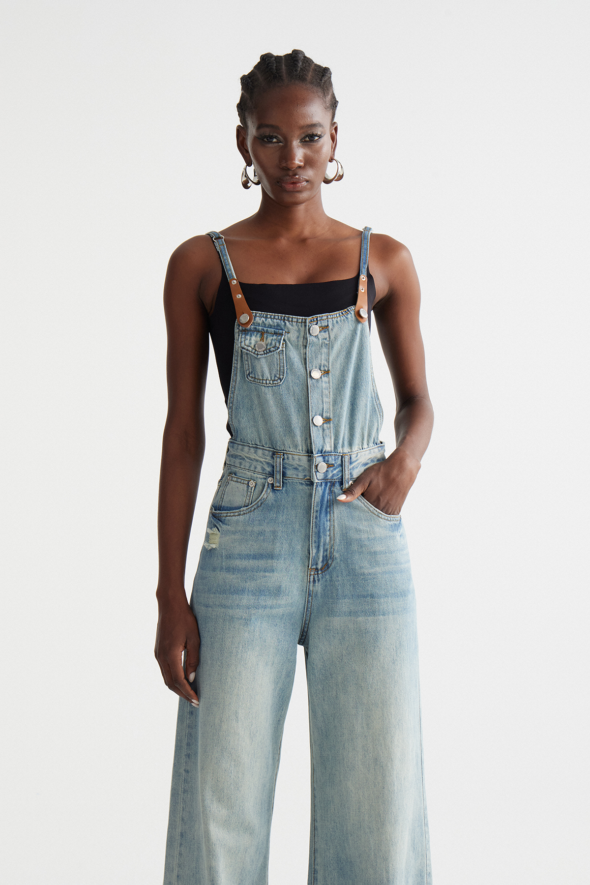 Inci Ripped Denim Overalls Pants Set