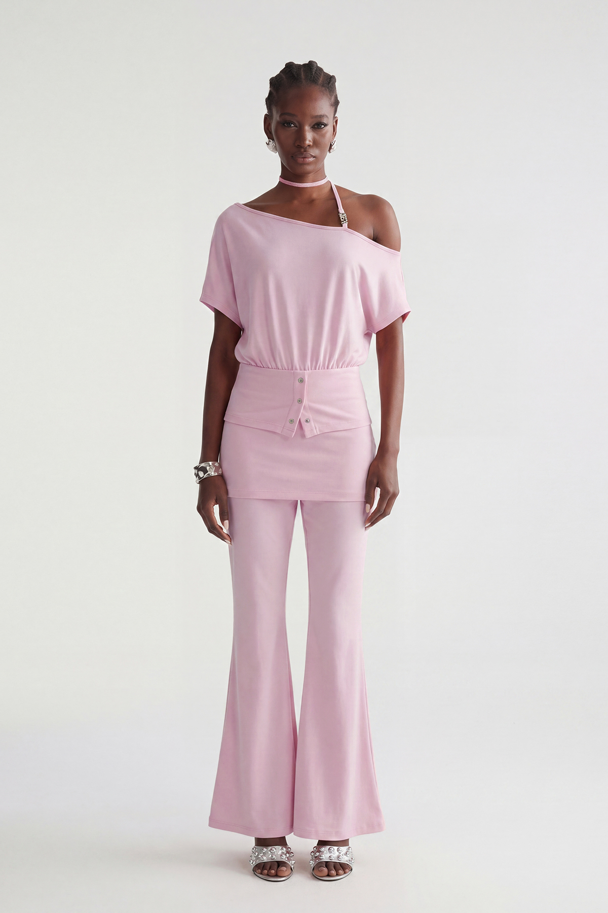 Indira One Shoulder Bootcut Pants Set In Pink