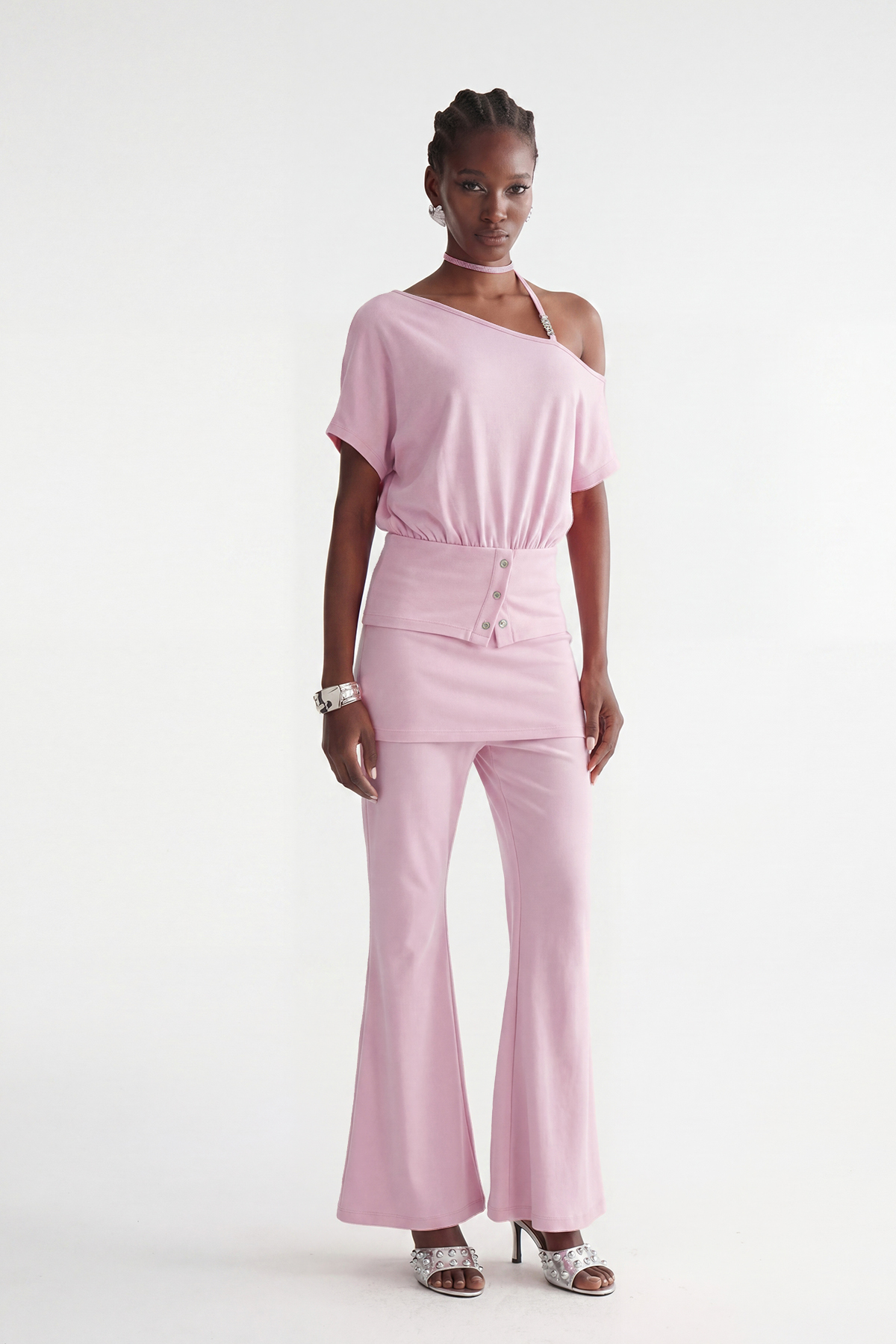 Indira One Shoulder Bootcut Pants Set In Pink