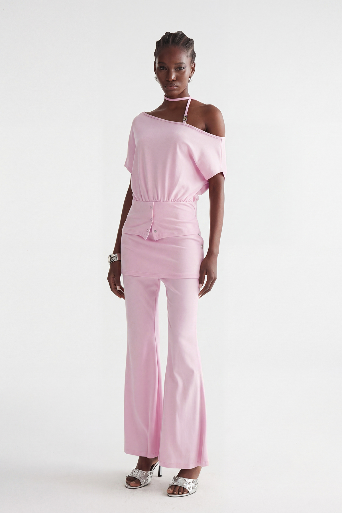 Indira One Shoulder Bootcut Pants Set In Pink