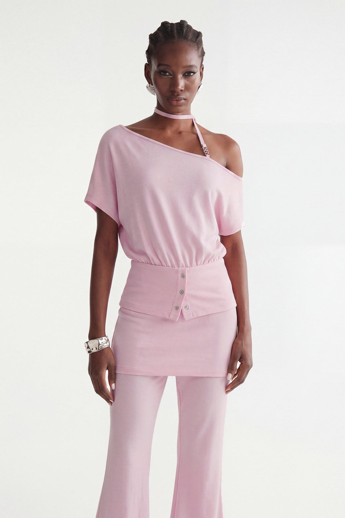 Indira One Shoulder Bootcut Pants Set In Pink