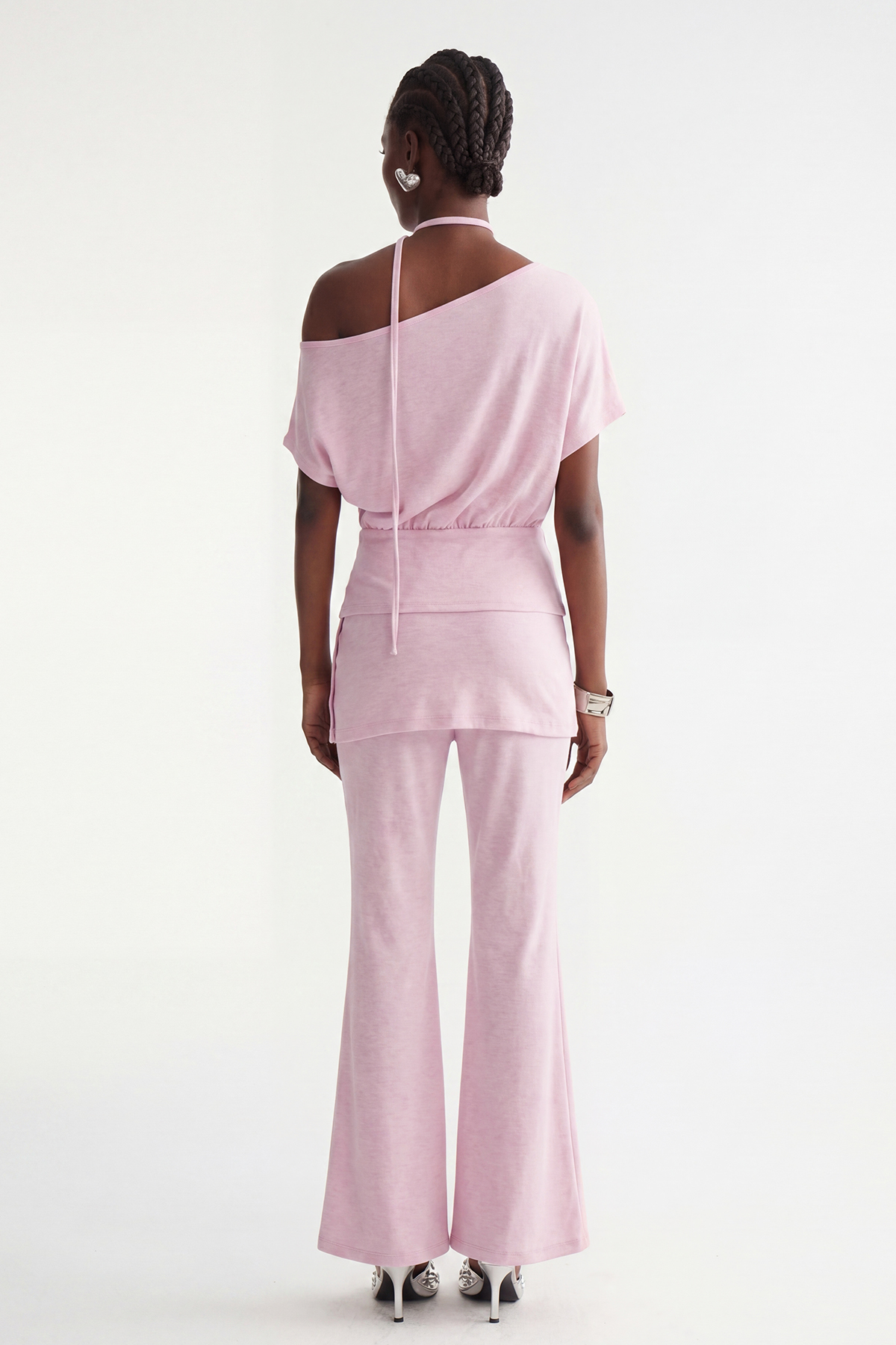 Indira One Shoulder Bootcut Pants Set In Pink