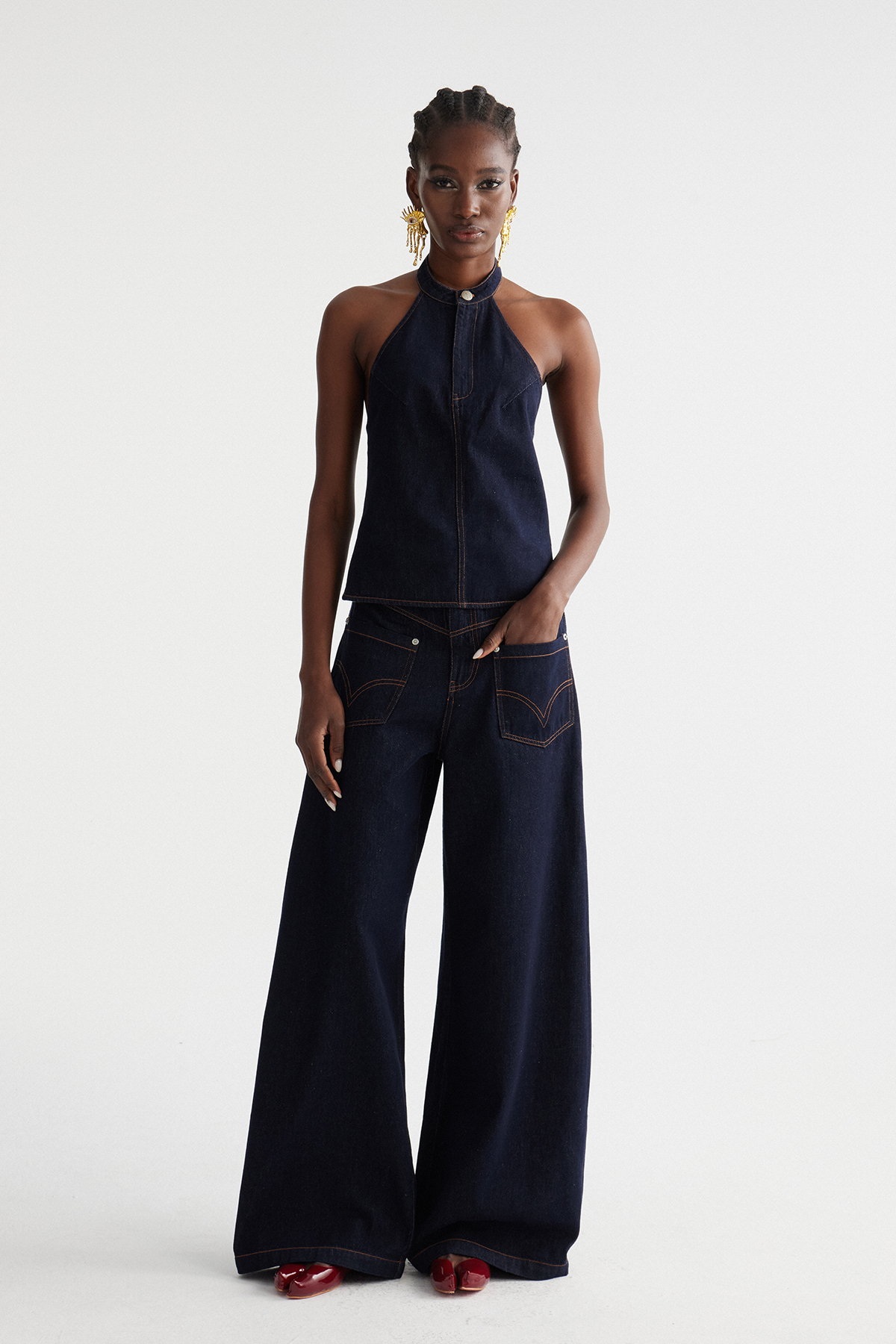 Indrani Halter Neck Denim Pants Set