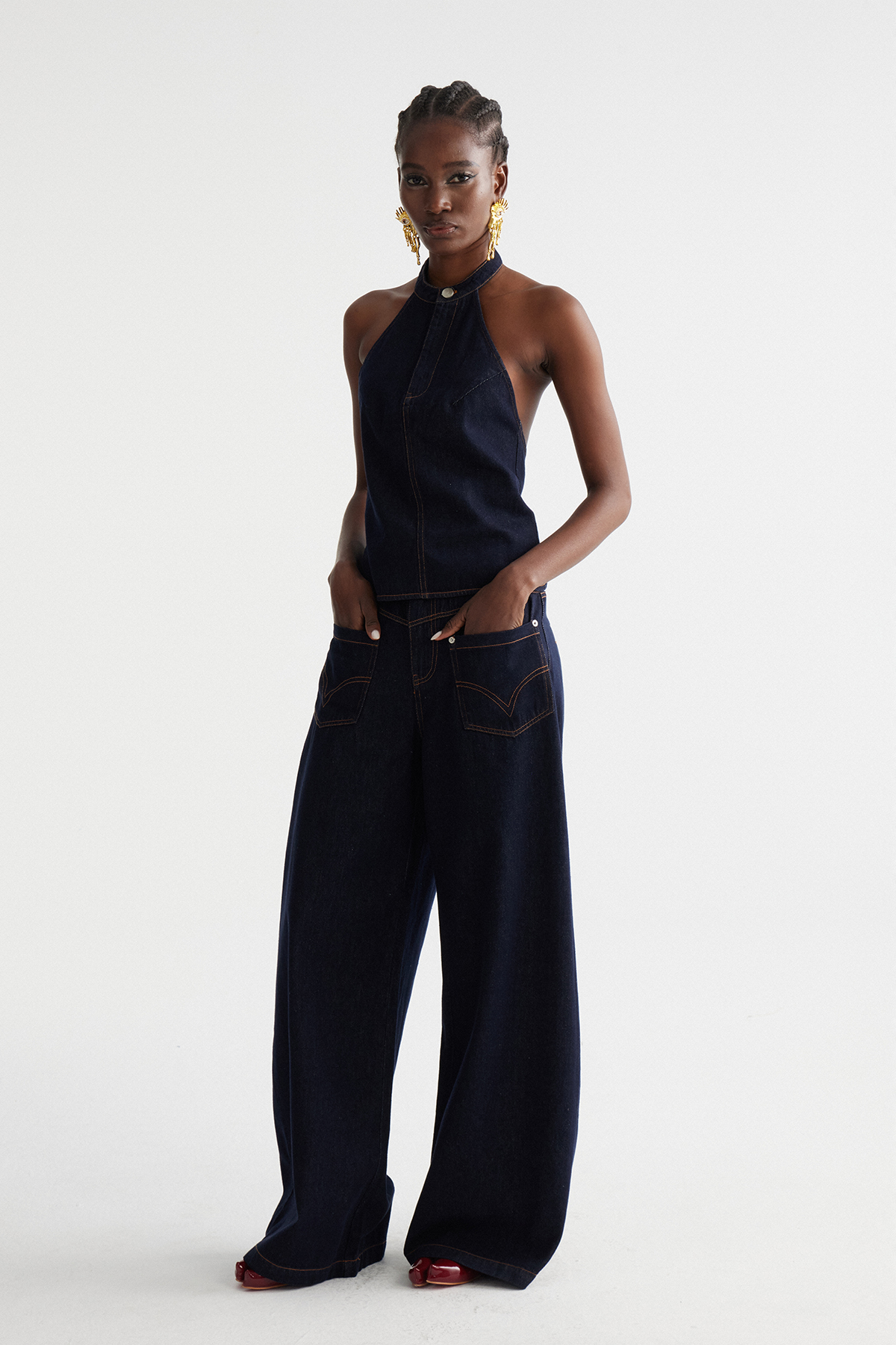 Indrani Halter Neck Denim Pants Set