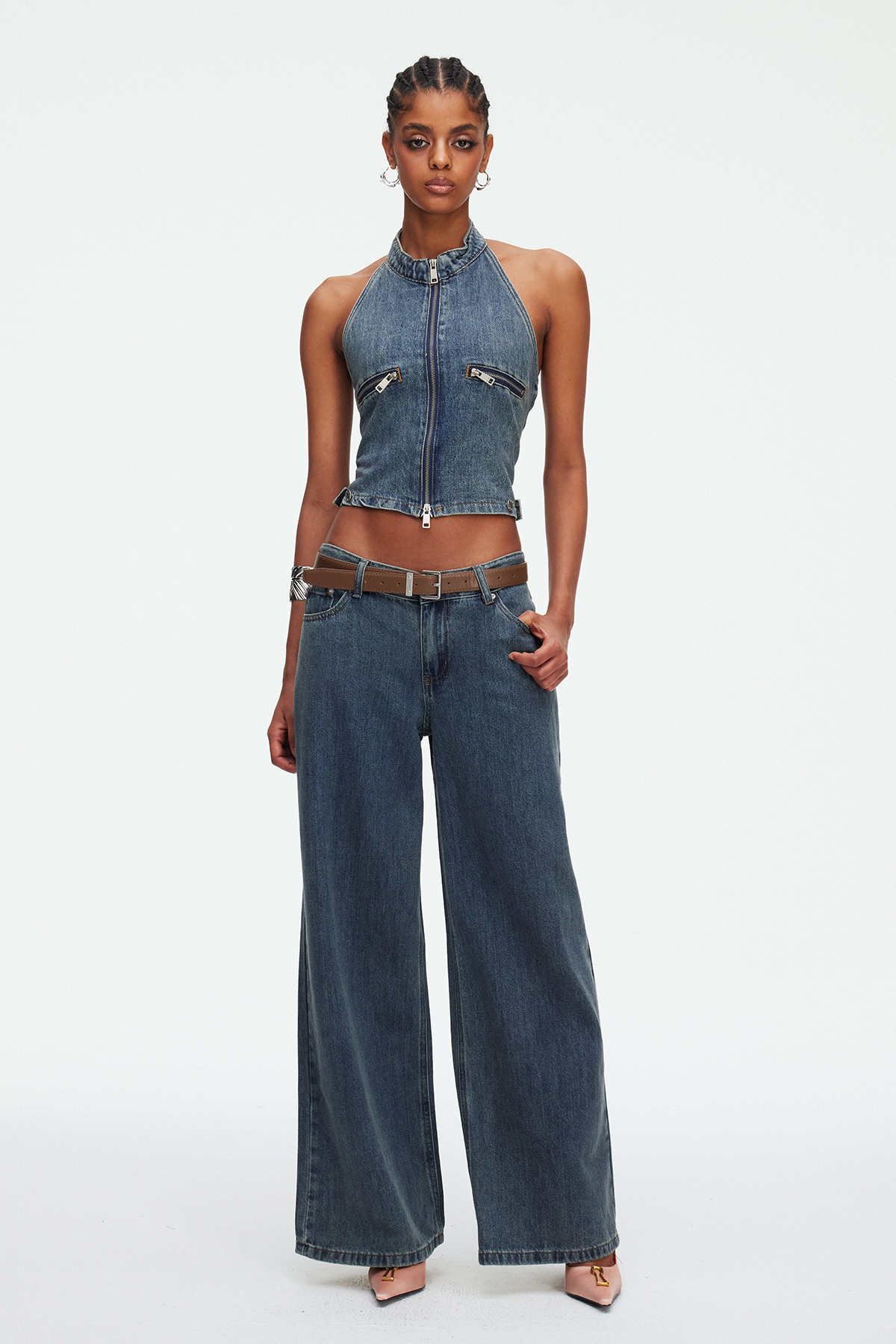 Indrani Zipper Denim Pants Set