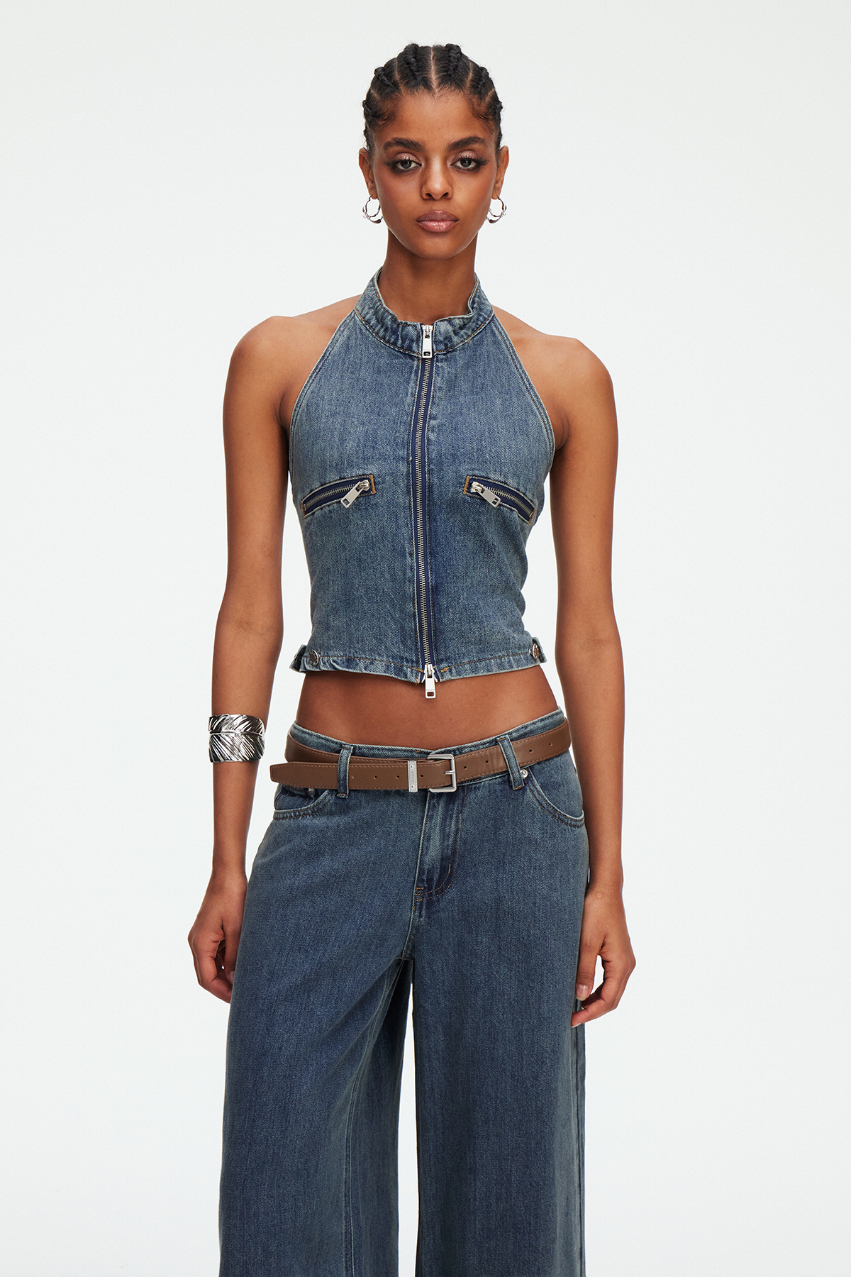 Indrani Zipper Denim Pants Set