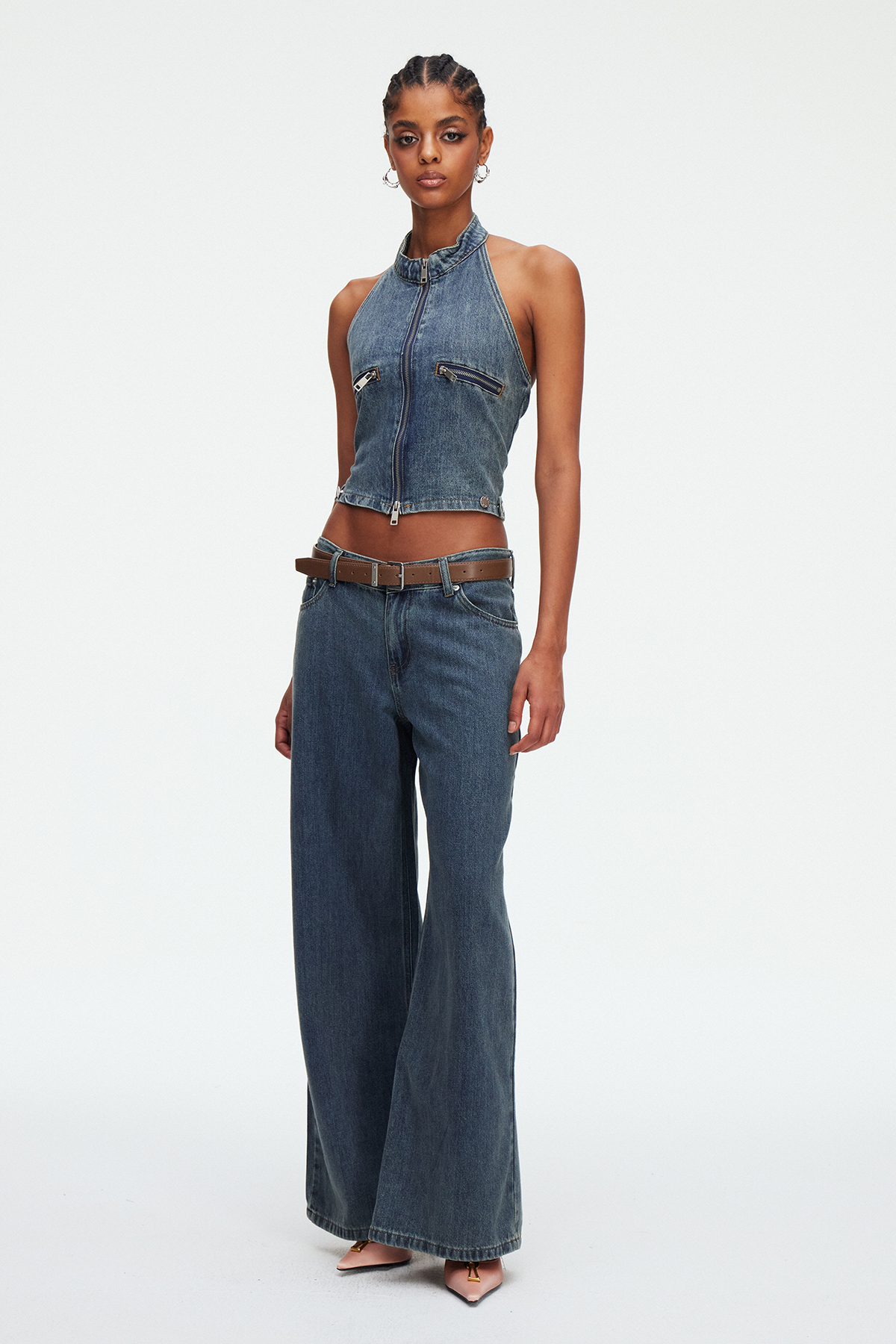 Indrani Zipper Denim Pants Set