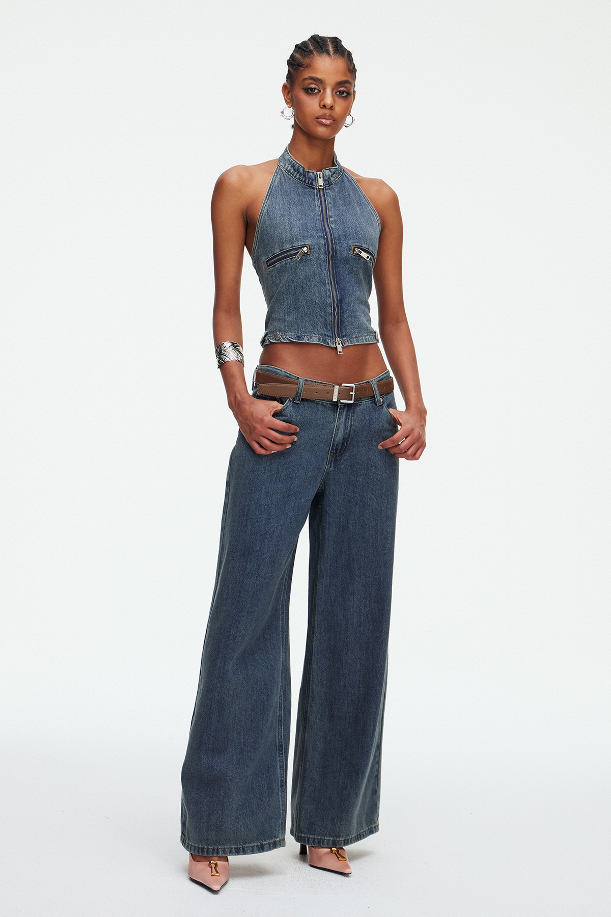 Indrani Zipper Denim Pants Set