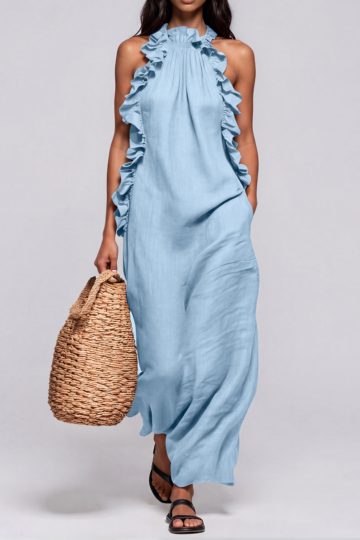 Innes Halter Neck Ruffle Maxi Dress In Blue 
