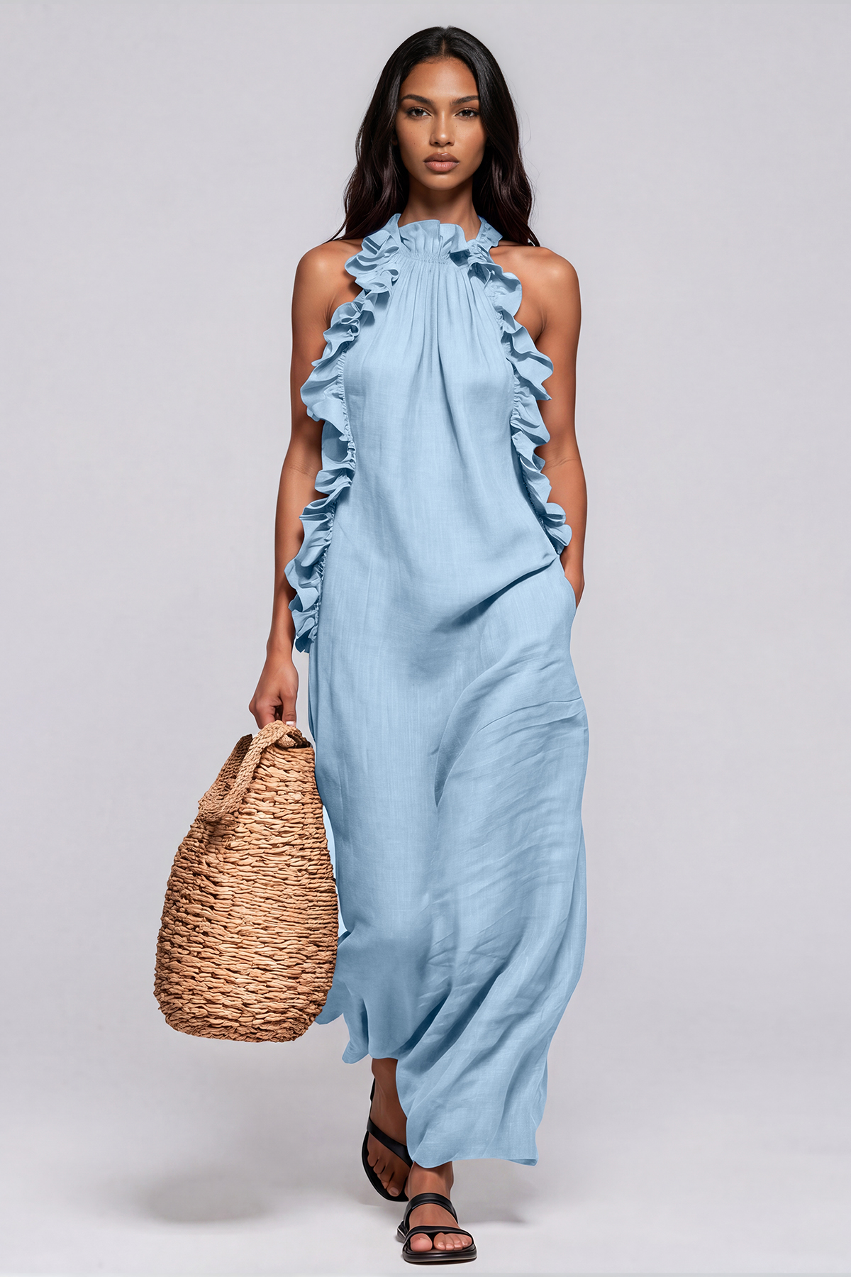 Innes Halter Neck Ruffle Maxi Dress In Blue 