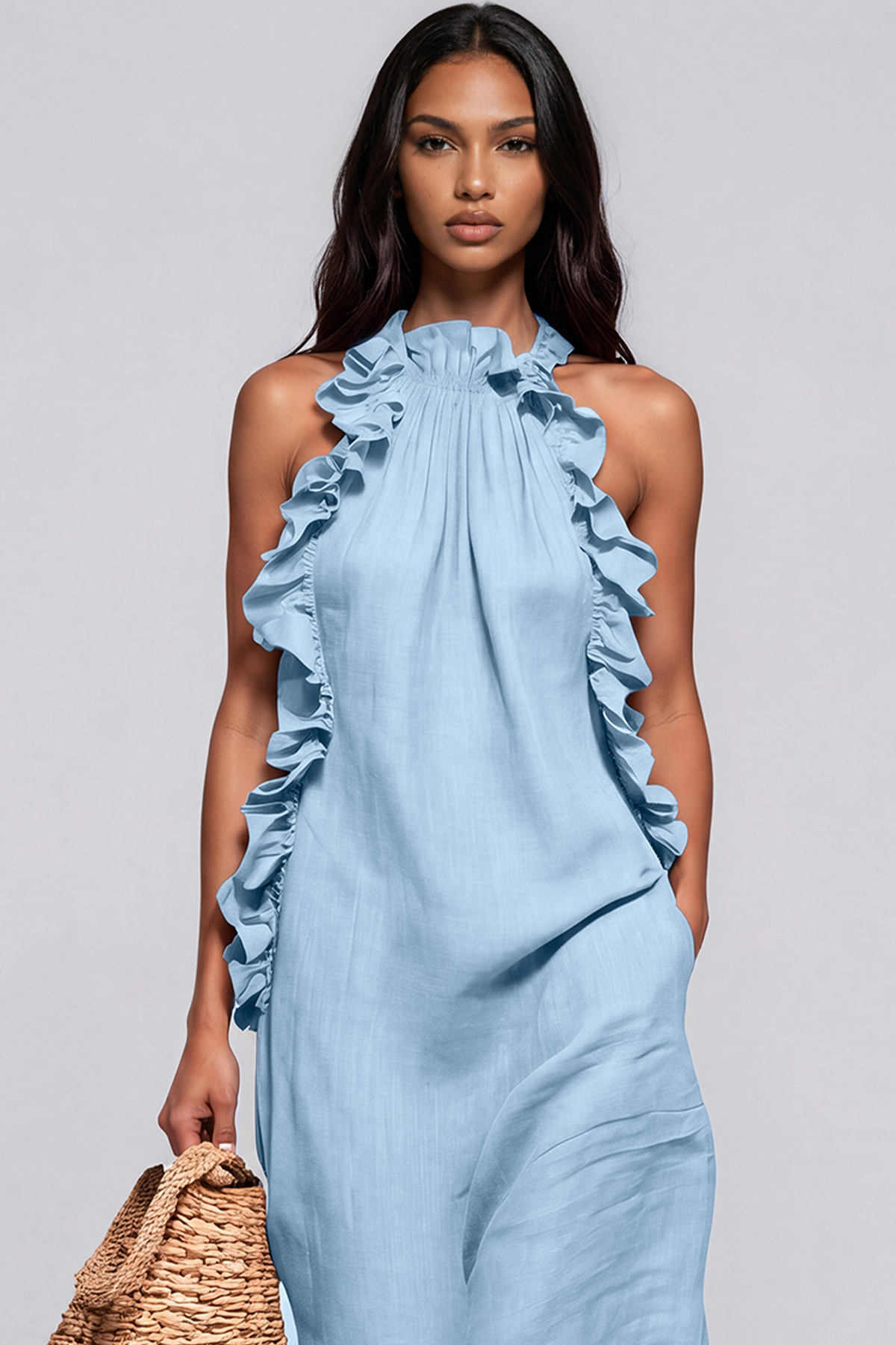Innes Halter Neck Ruffle Maxi Dress In Blue 