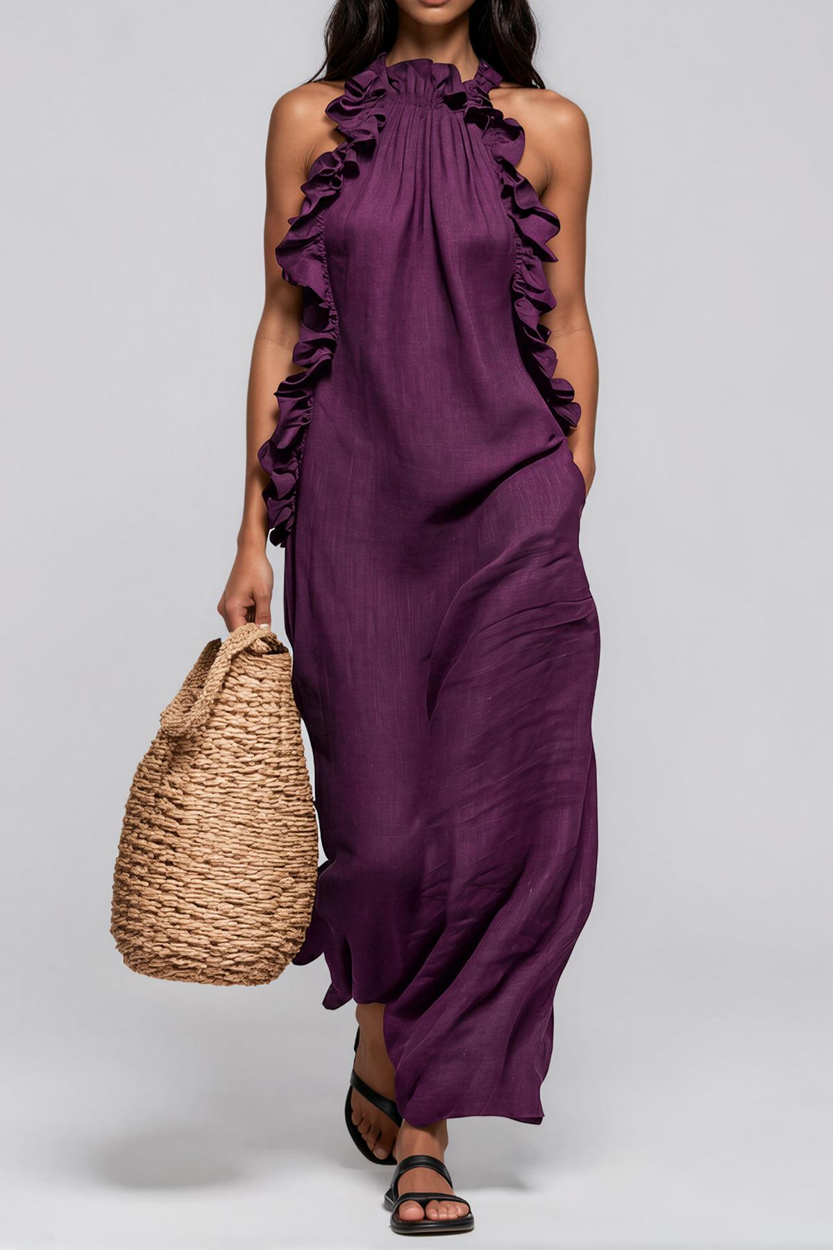 Innes Halter Neck Ruffle Maxi Dress In Purple