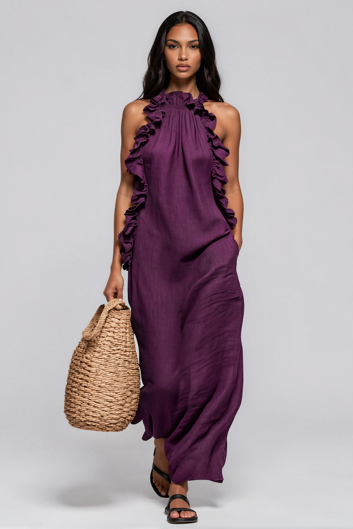 Innes Halter Neck Ruffle Maxi Dress In Purple