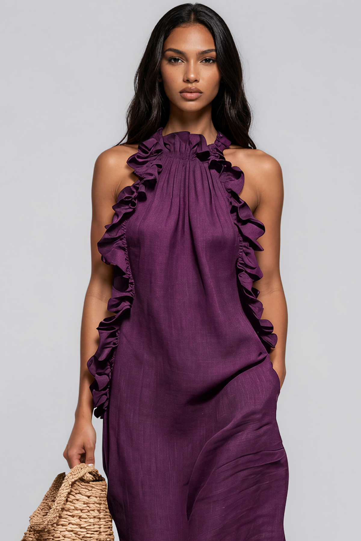 Innes Halter Neck Ruffle Maxi Dress In Purple