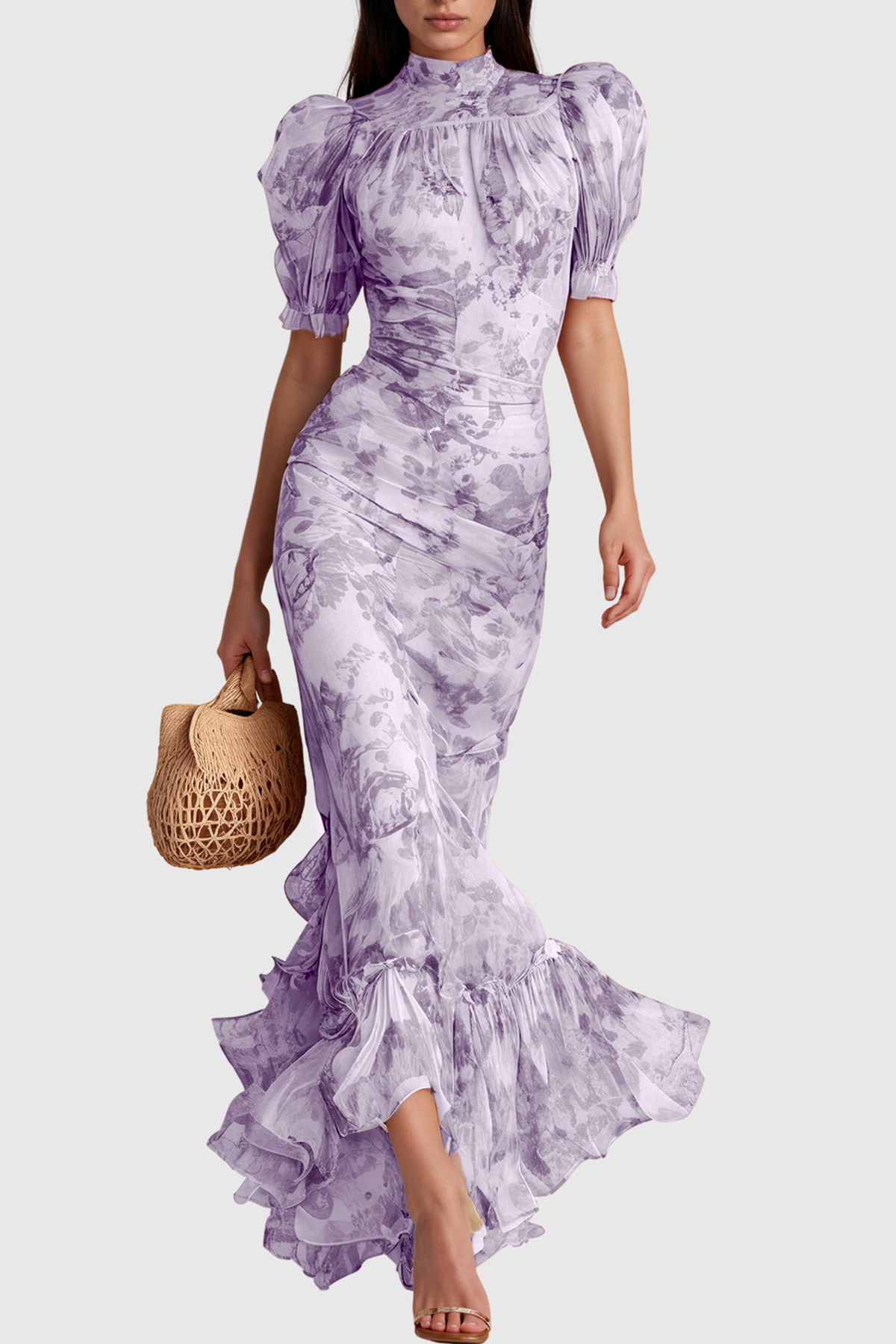Inola Puff Sleeve Floral Maxi Dress In Purple