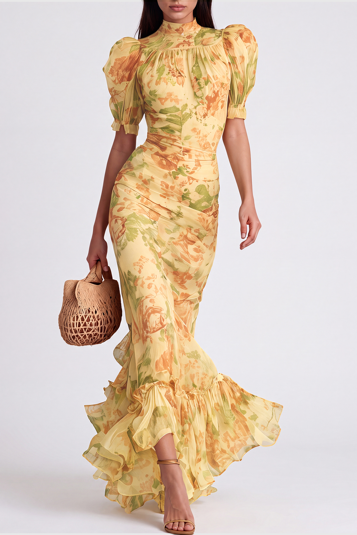 Inola Puff Sleeve Floral Maxi Dress In Yellow