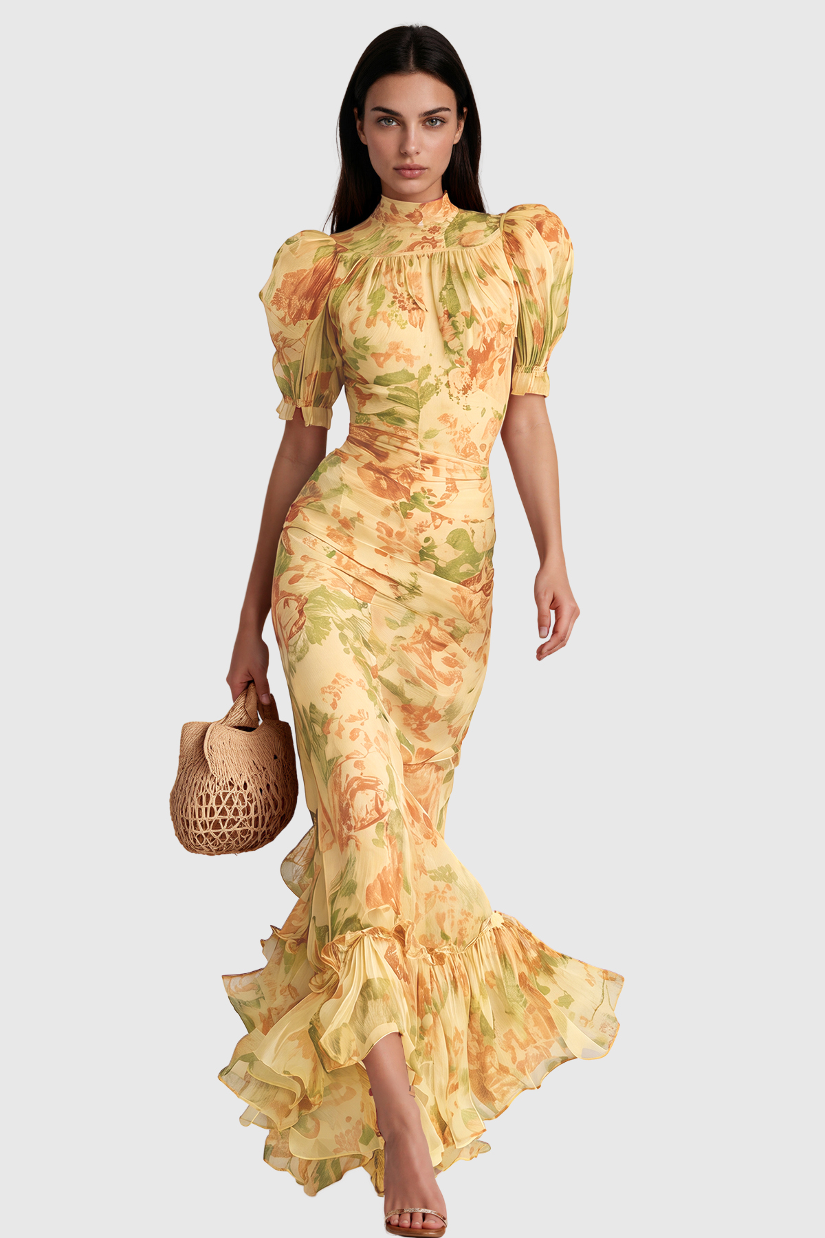 Inola Puff Sleeve Floral Maxi Dress In Yellow
