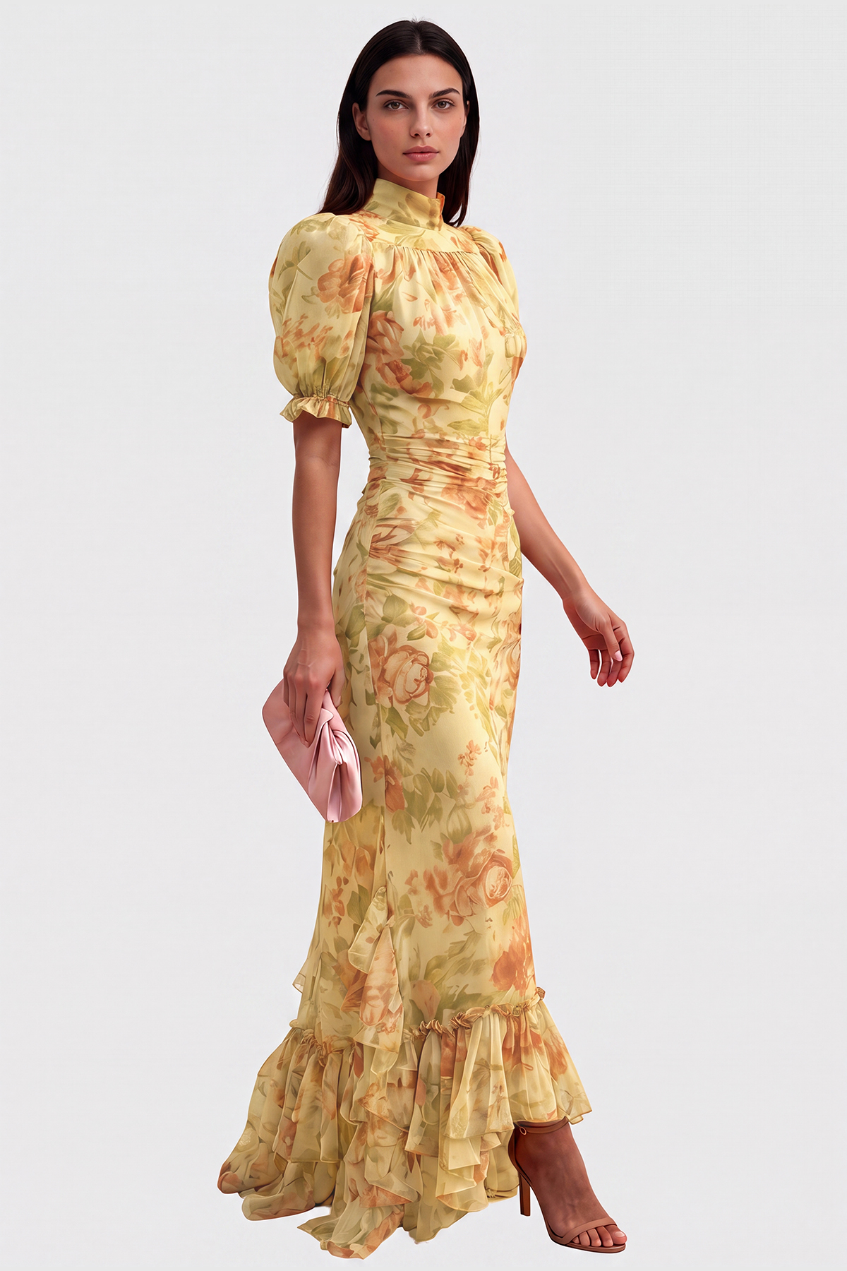 Inola Puff Sleeve Floral Maxi Dress In Yellow