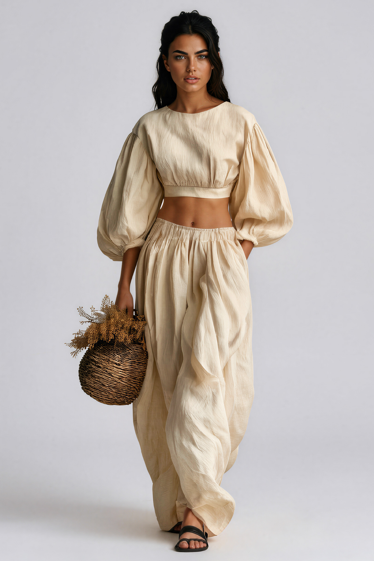 Inuk Balloon Sleeve Crop Pants Set
