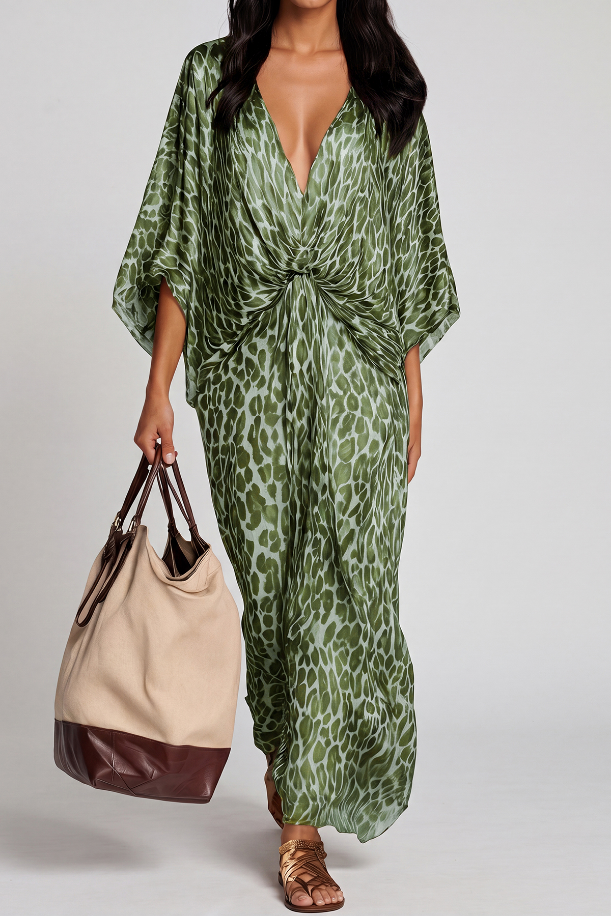 Invidia V Neck Leopard Maxi Dress In Green