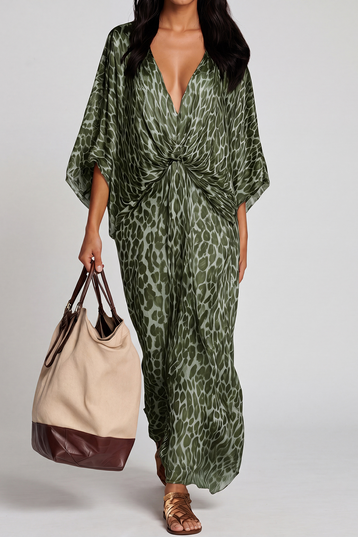 Invidia V Neck Leopard Maxi Dress In Green