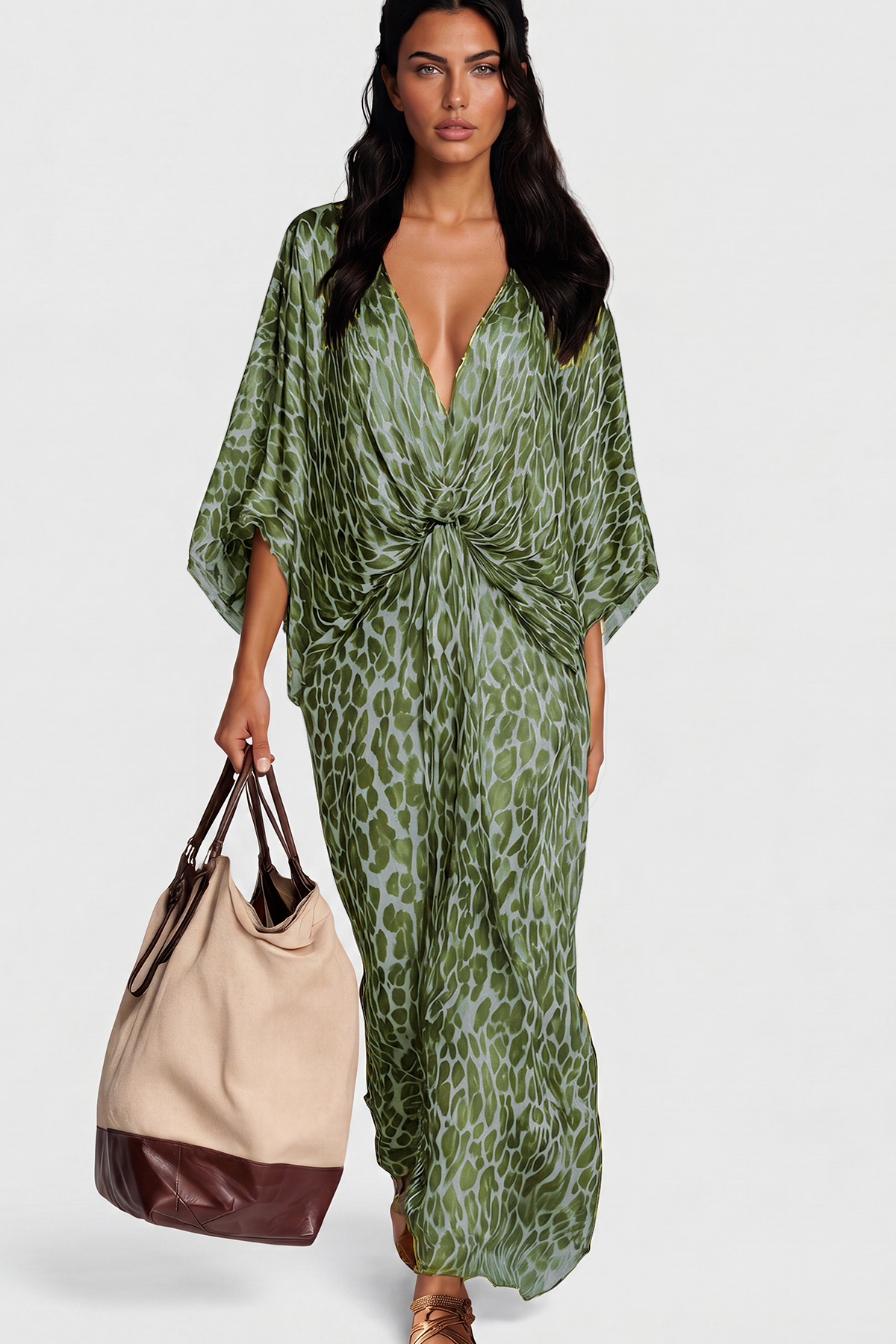 Invidia V Neck Leopard Maxi Dress In Green
