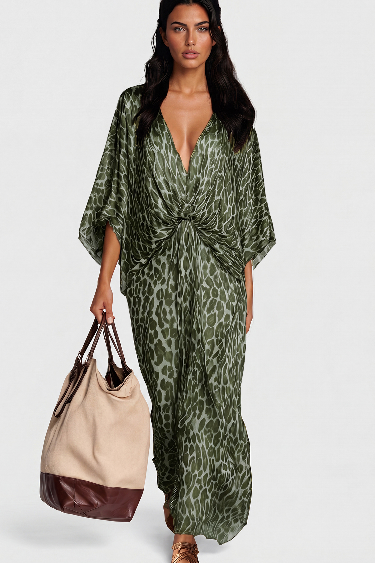 Invidia V Neck Leopard Maxi Dress In Green