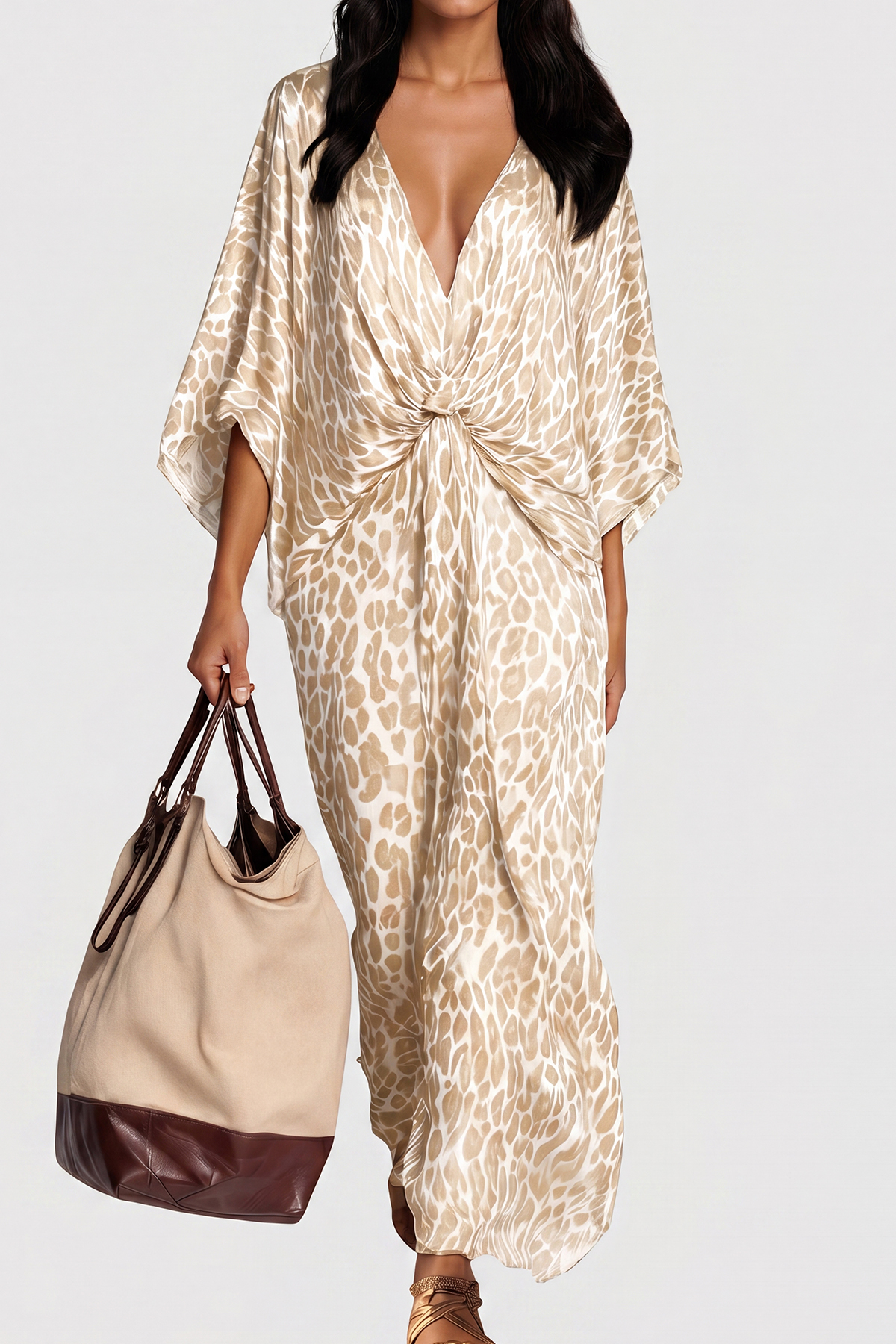 Invidia V Neck Leopard Maxi Dress In Apricot