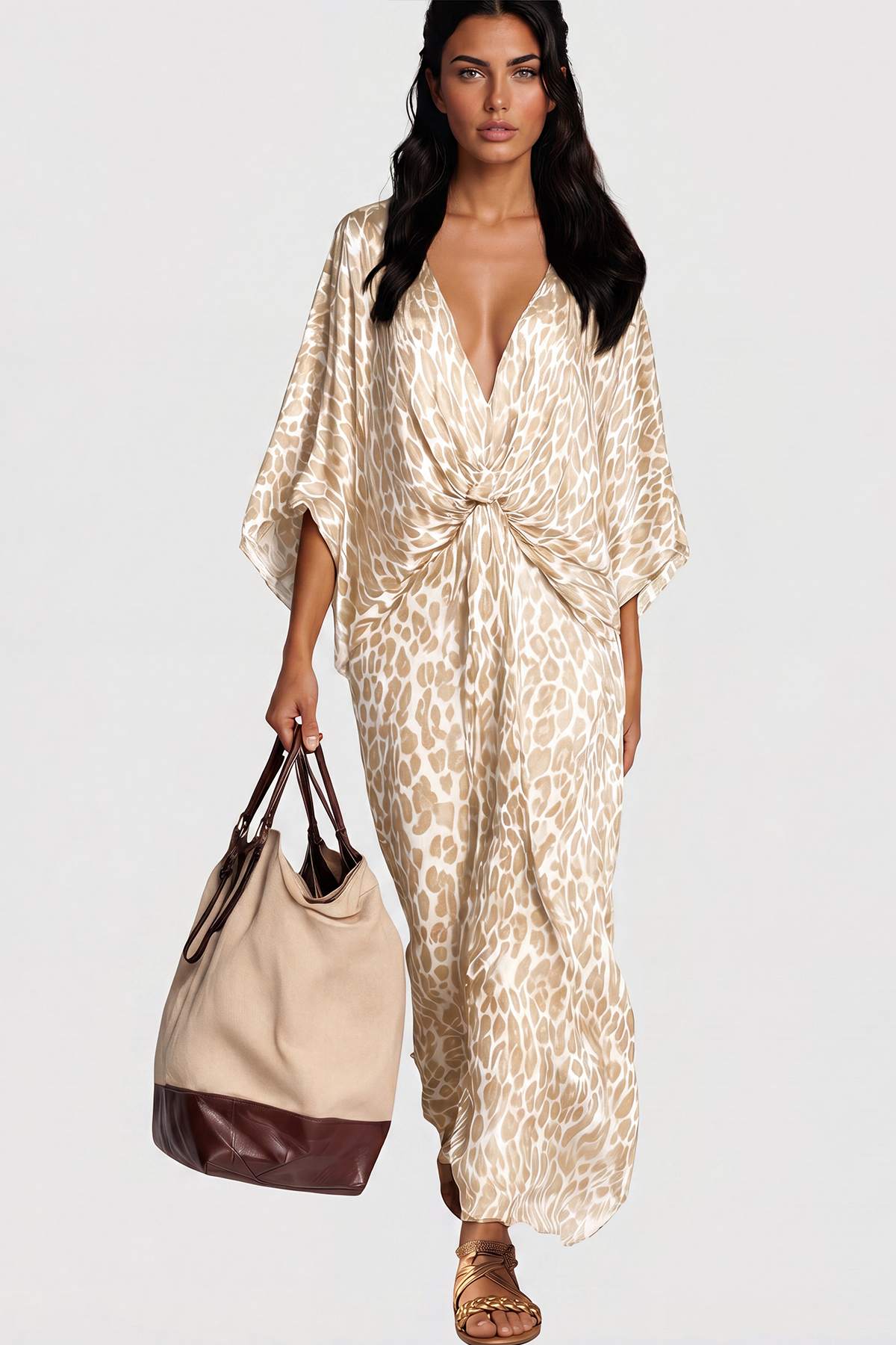 Invidia V Neck Leopard Maxi Dress In Apricot