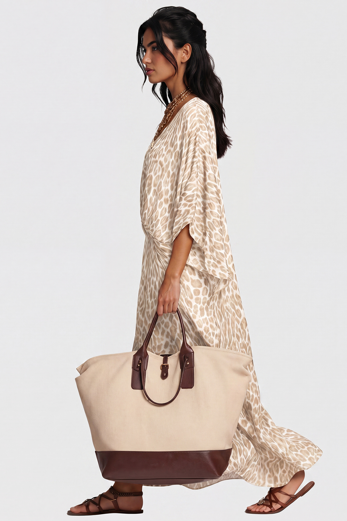 Invidia V Neck Leopard Maxi Dress In Apricot