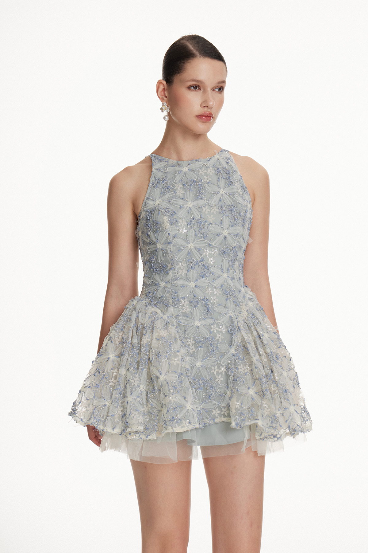 Iokaste Halter Neck Flower Ruffle Mini Dress