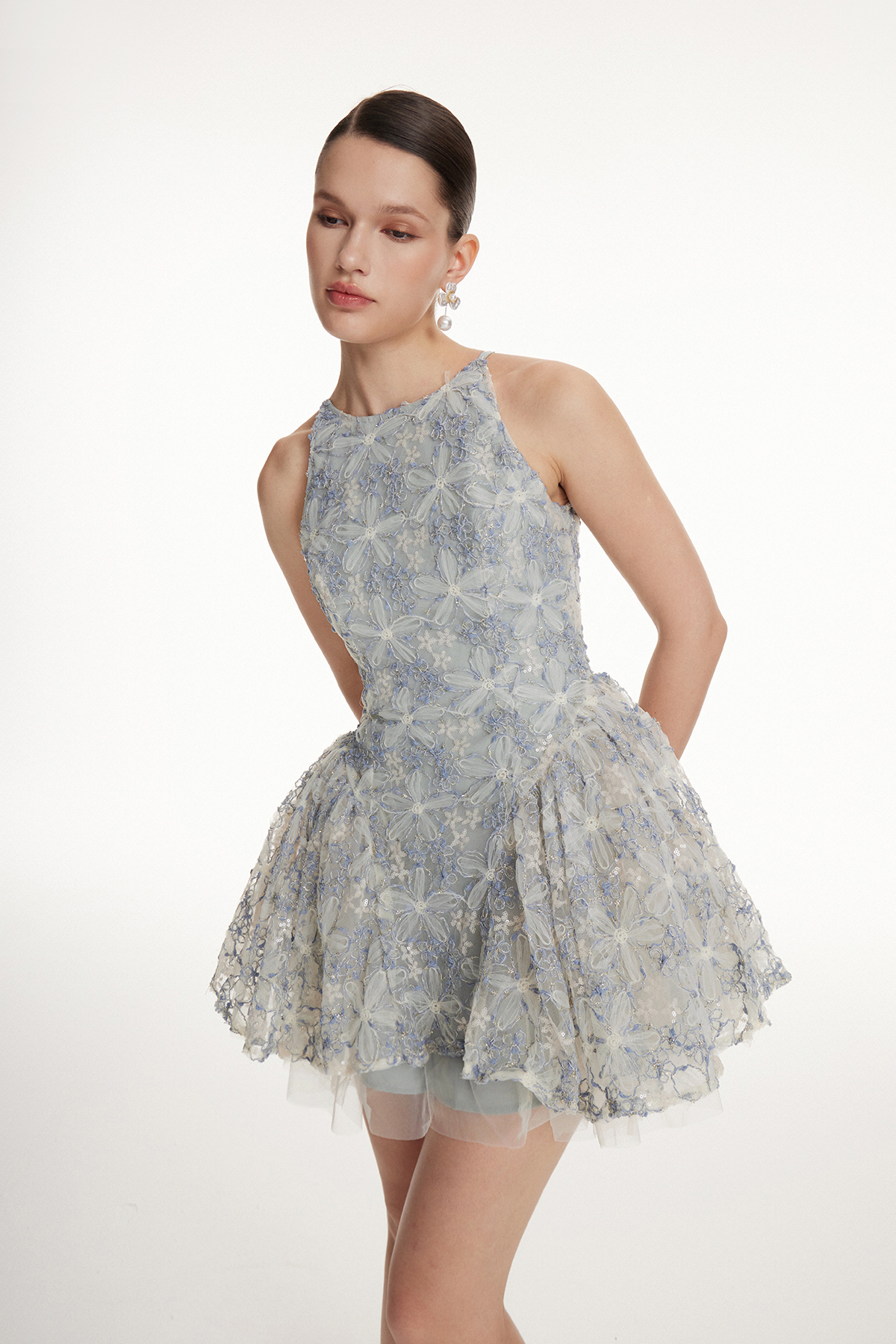 Iokaste Halter Neck Flower Ruffle Mini Dress