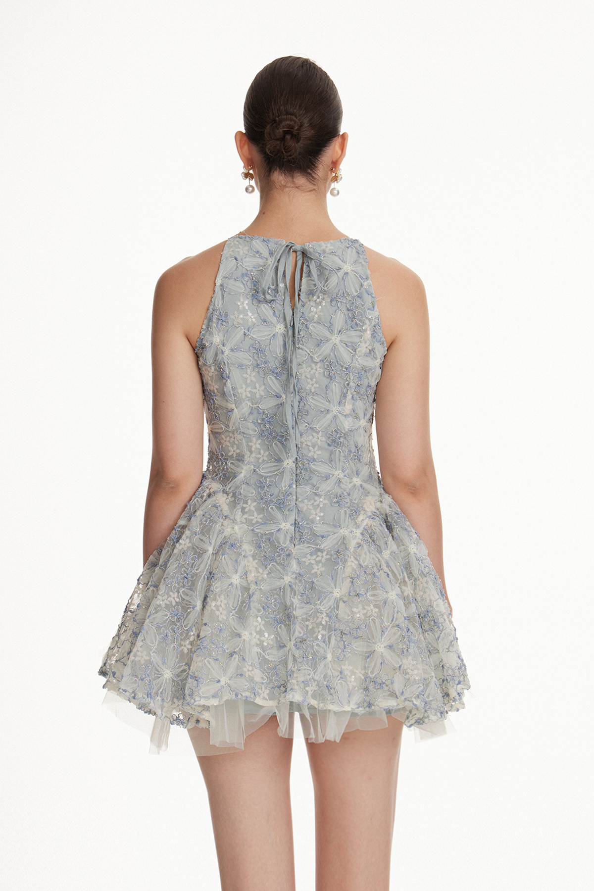 Iokaste Halter Neck Flower Ruffle Mini Dress