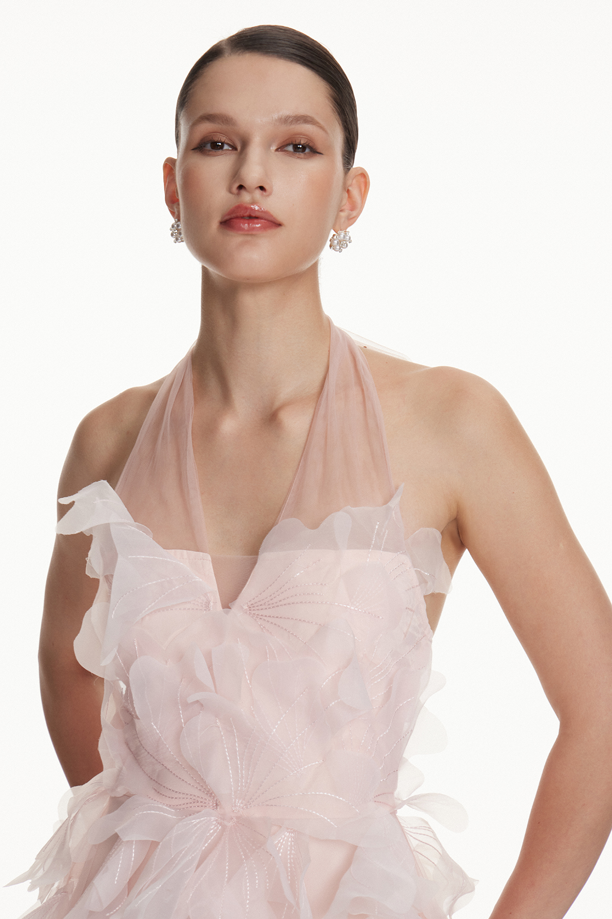 Iole Halter Neck Mesh Flower Mini Dress
