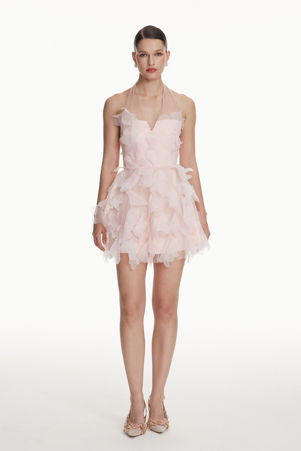 Iole Halter Neck Mesh Flower Mini Dress