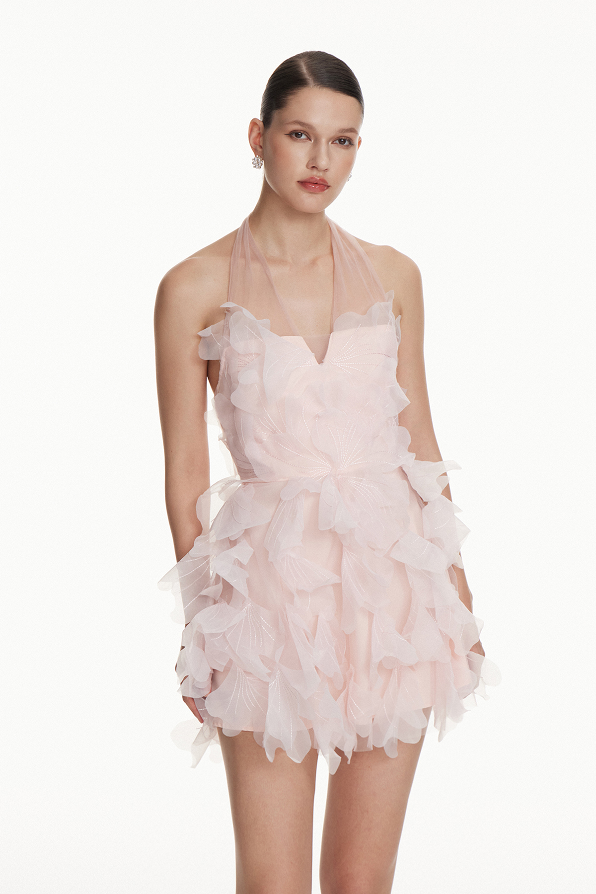 Iole Halter Neck Mesh Flower Mini Dress