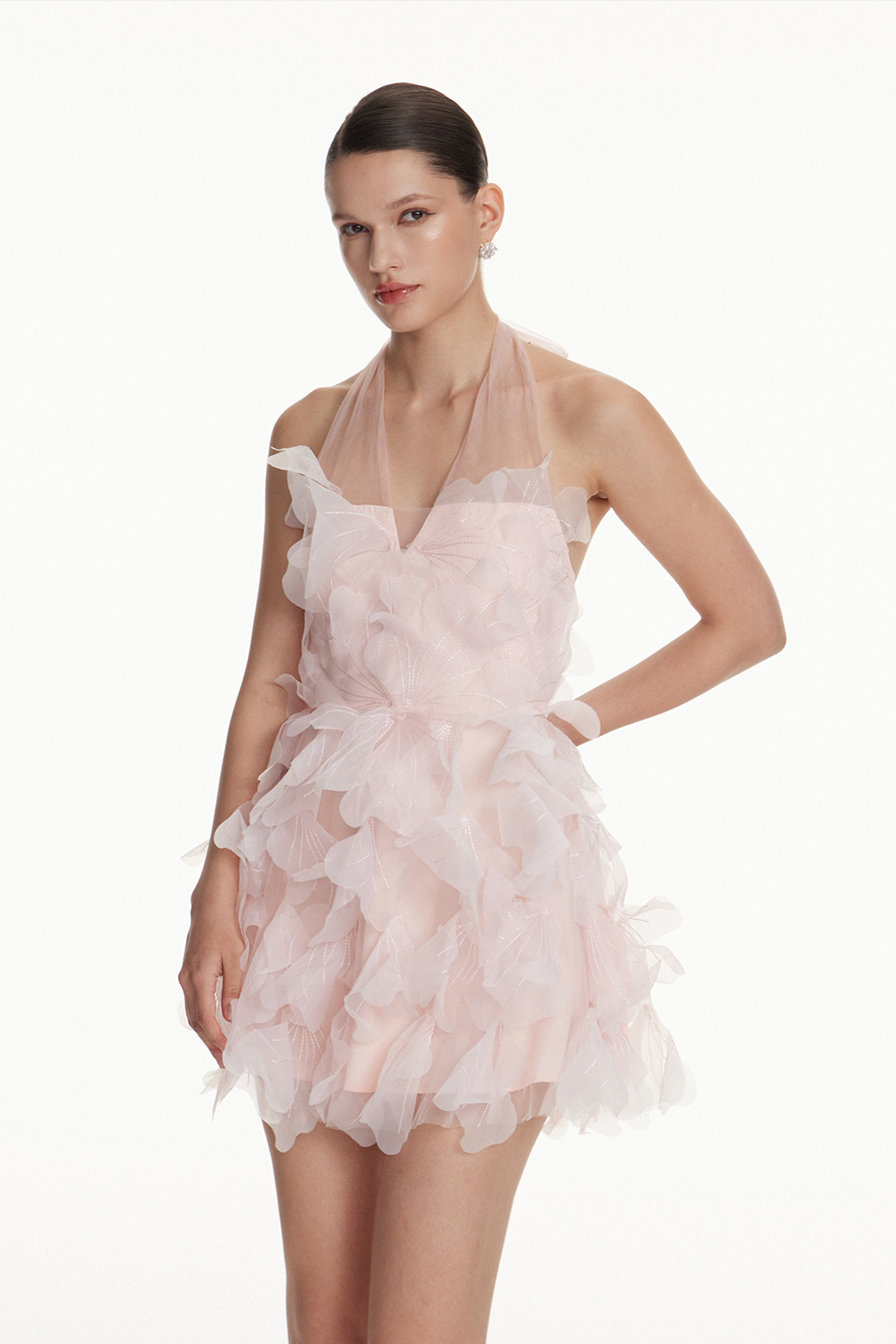 Iole Halter Neck Mesh Flower Mini Dress