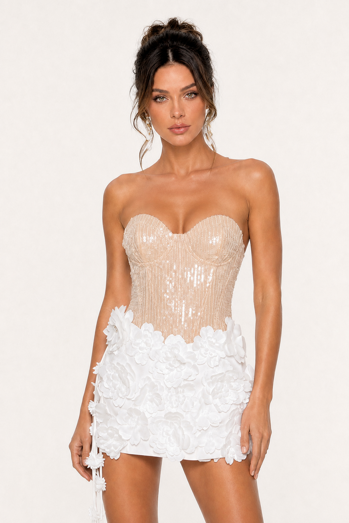 Ioses Strapless Flower Sequin Mini Dress