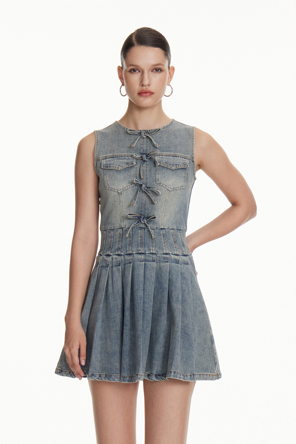 Iosue Denim Bow Pleated Mini Dress