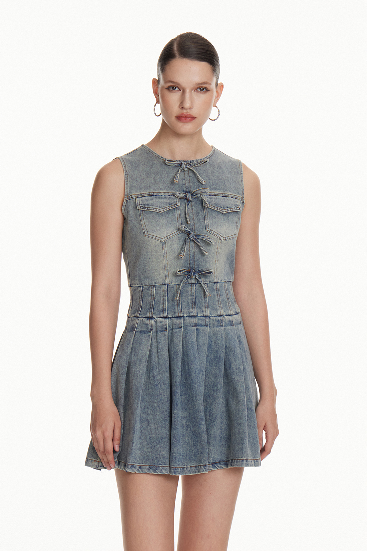 Iosue Denim Bow Pleated Mini Dress