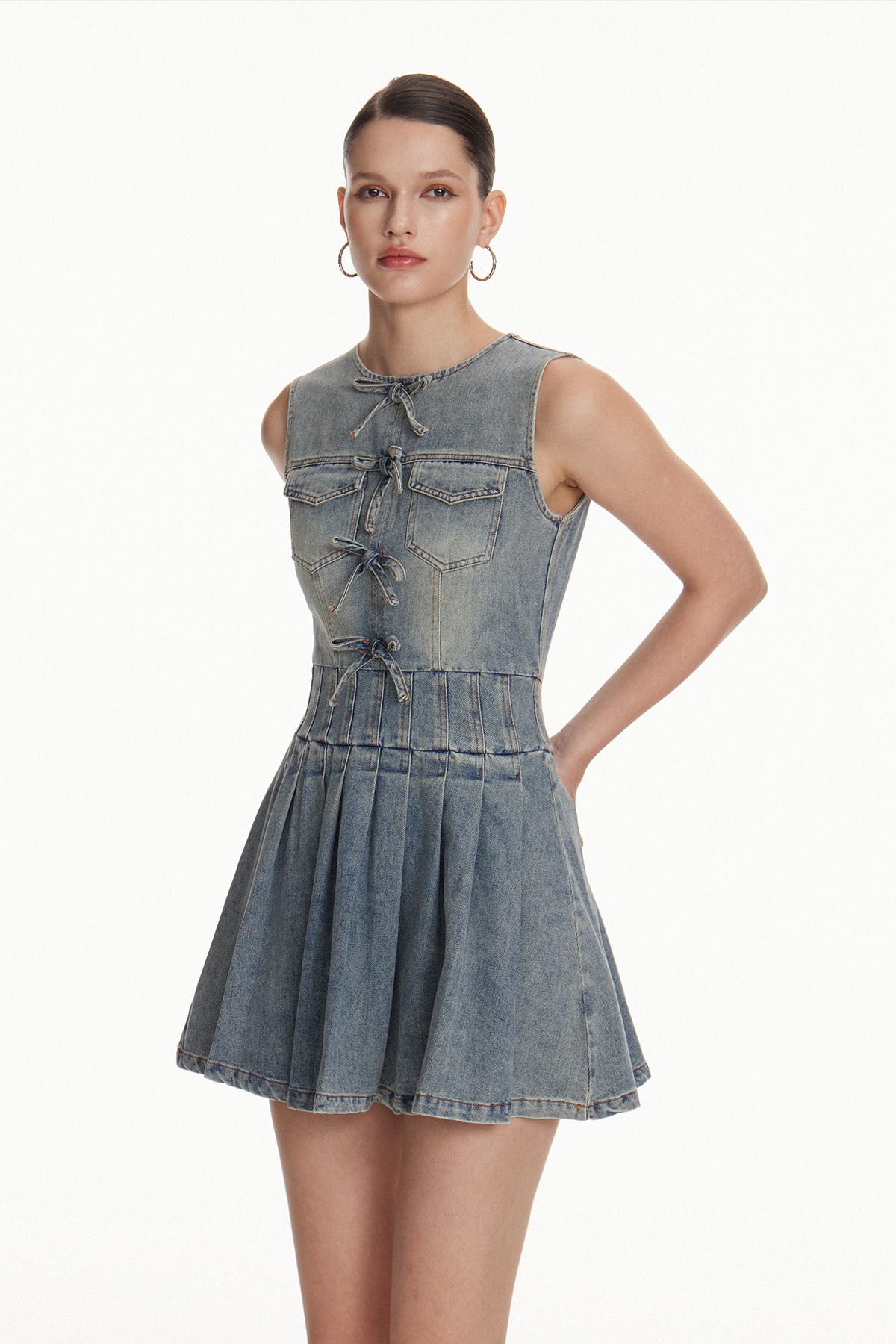 Iosue Denim Bow Pleated Mini Dress