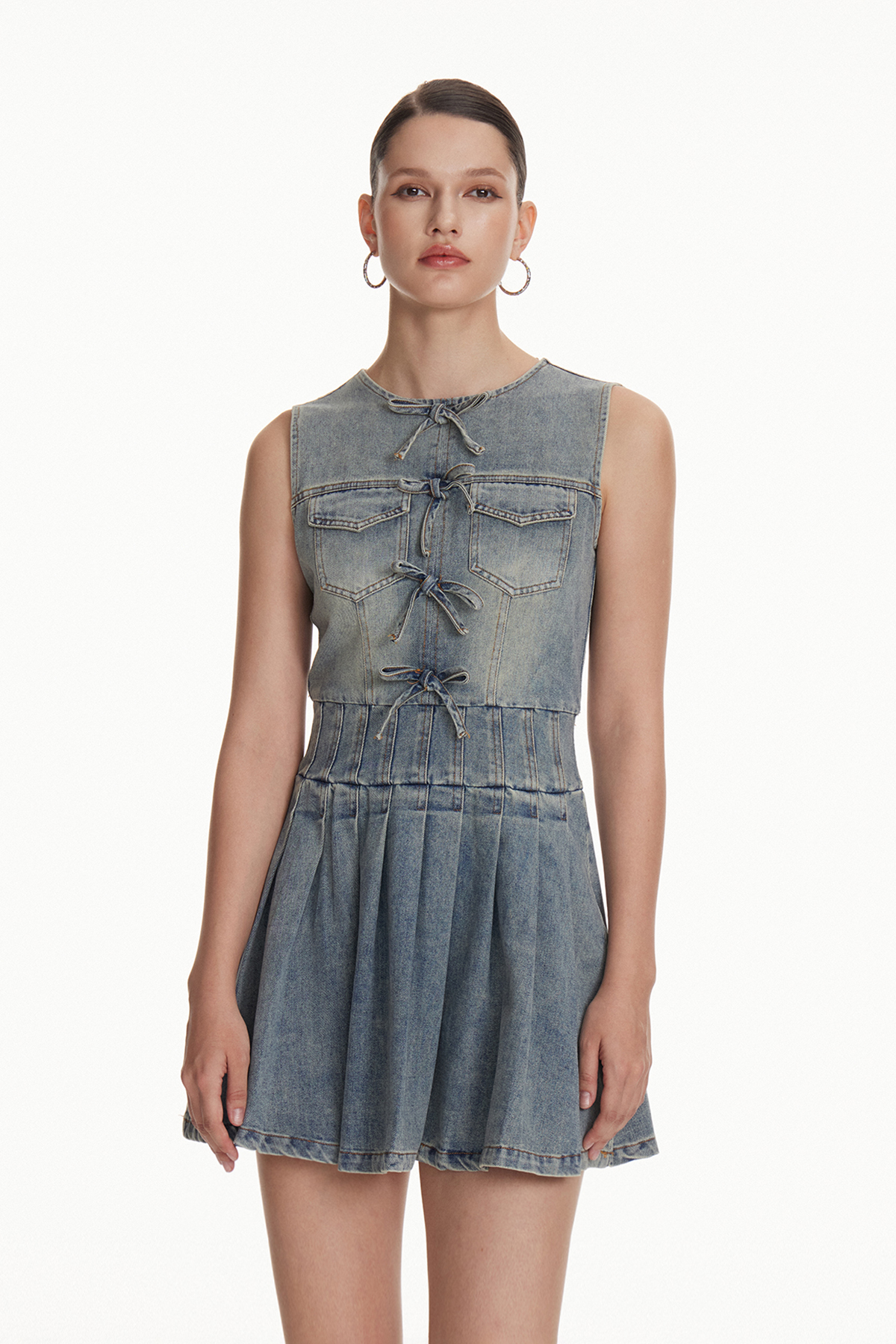 Iosue Denim Bow Pleated Mini Dress