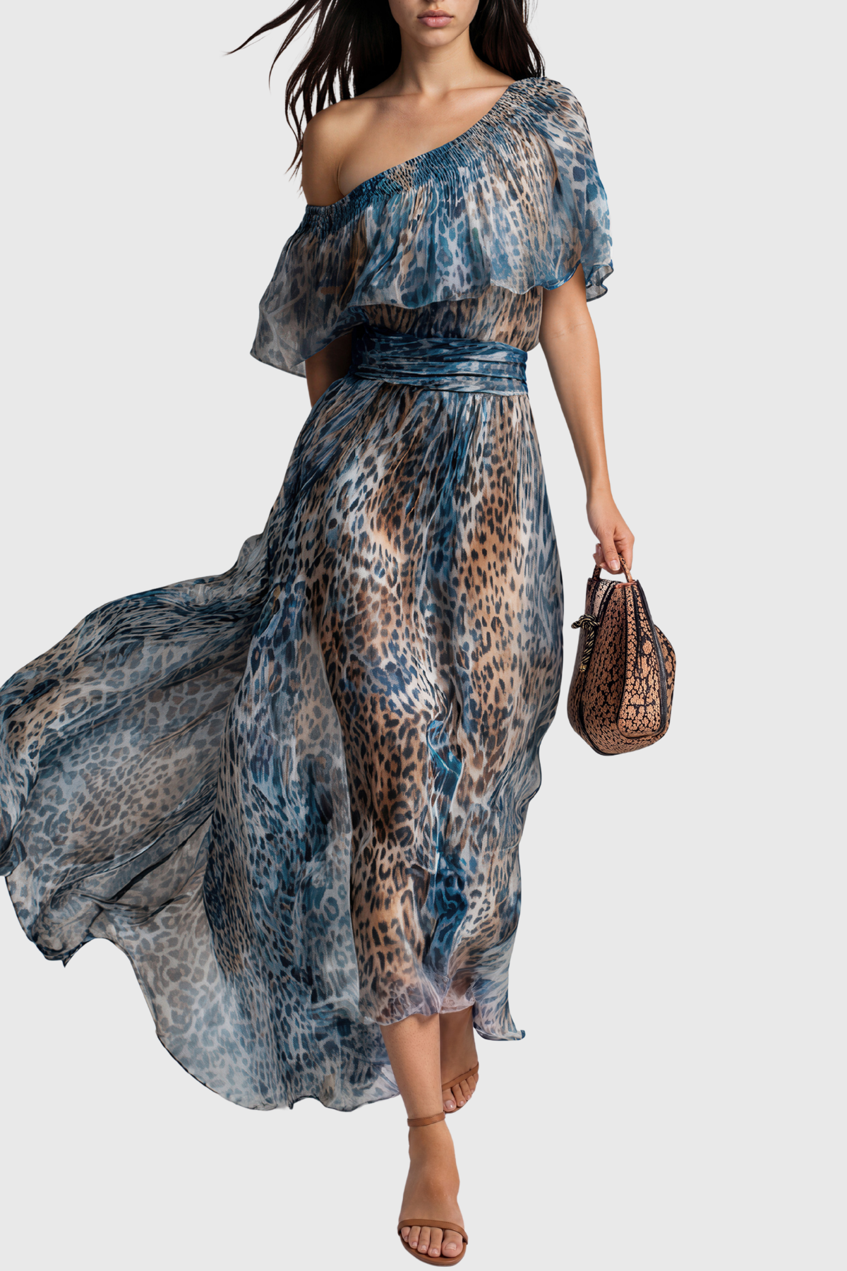Iovita One Shoulder Leopard Ruch Maxi Dress